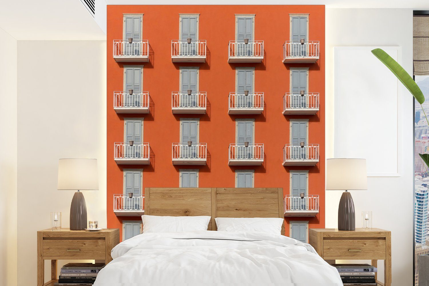 MuchoWow Fototapete Tür - Balkon - Architektur - Palme - Orange, Matt, bedruckt, (4 St), Montagefertig Vinyl Tapete für Wohnzimmer, Wandtapete