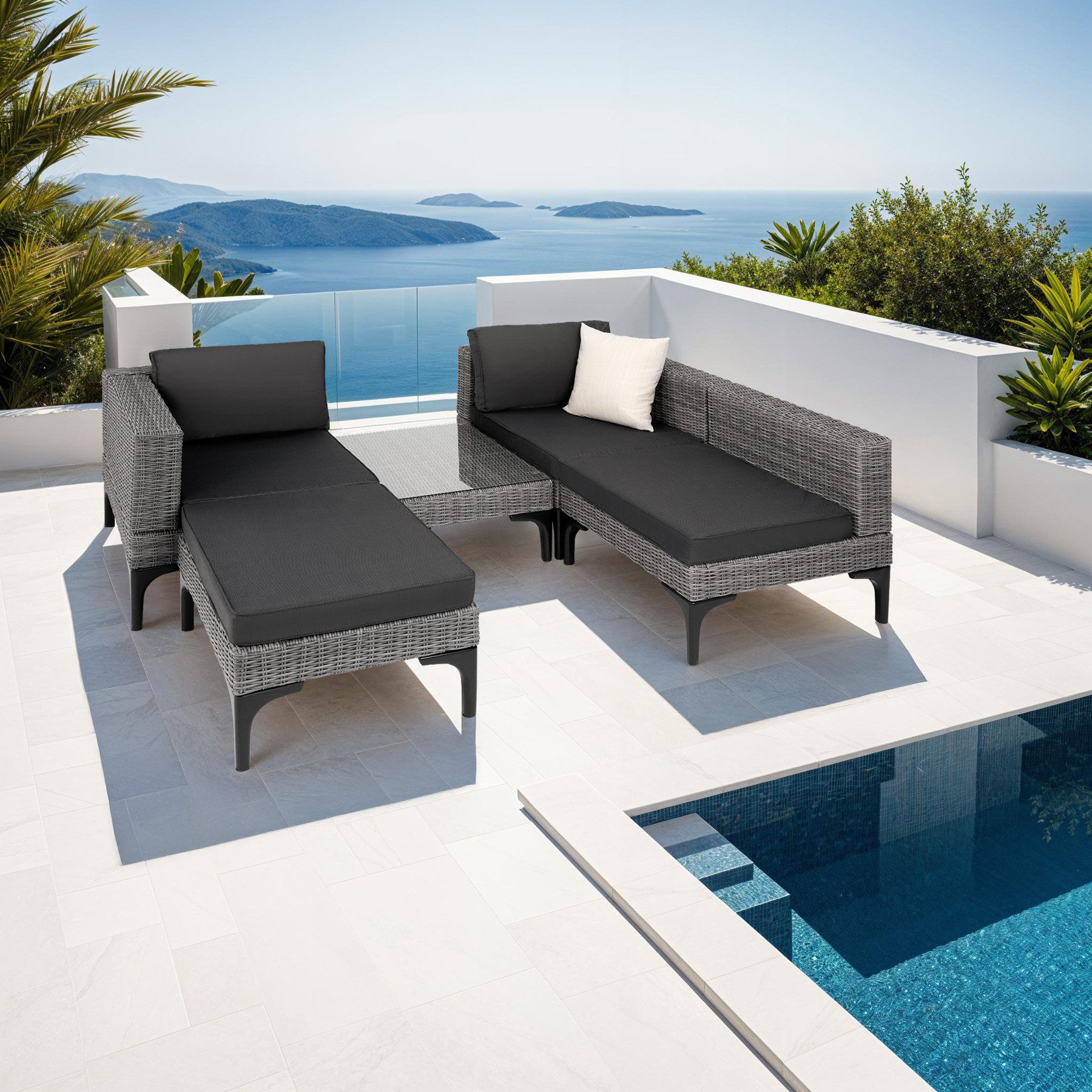 tectake Loungeset Rattan Sitzgruppe mit Aluminiumgestell, hochwertiges Geflecht, (Gartenlounge-set Konstanza, 5-tlg., geeignet für Outdoor in Grau), wetterfest und UV-beständig, Dicke der Sitzpolster 8 cm