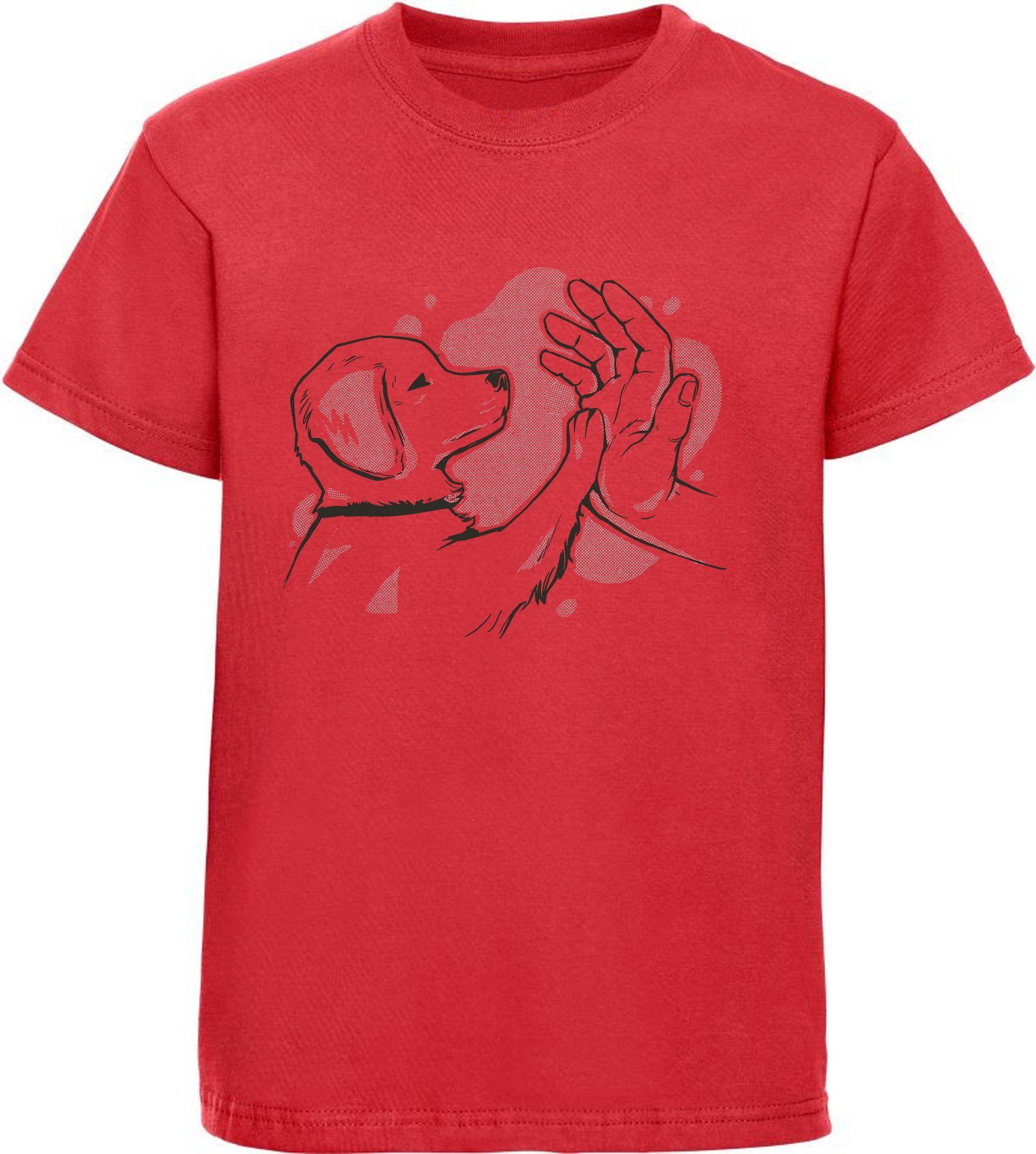 MyDesign24 Print-Shirt Kinder Hunde T-Shirt bedruckt - Labrador Welpe der Pfötchen gibt Baumwollshirt mit Aufdruck, i241 rot