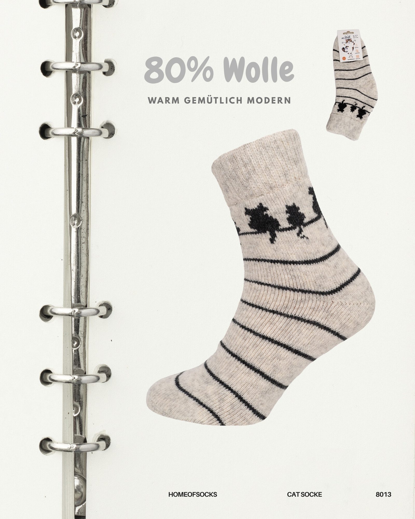 HomeOfSocks Socken Wollsocken Katzenmotiv, 80% Wolle, Komfortbund 80% naturbelassene Wolle, Angenehmer Bund,  Kurze Socken