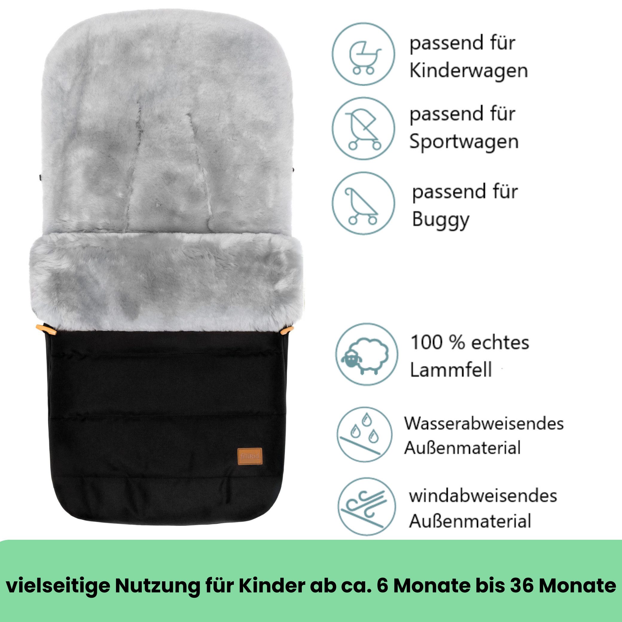 Fillikid Fußsack Winterfußsack Bernina Lammfell Exklusiv, Warmer Winterfußsack mit echtem Merino-Lammfell wasserabweisend und – Bild 2 von 5