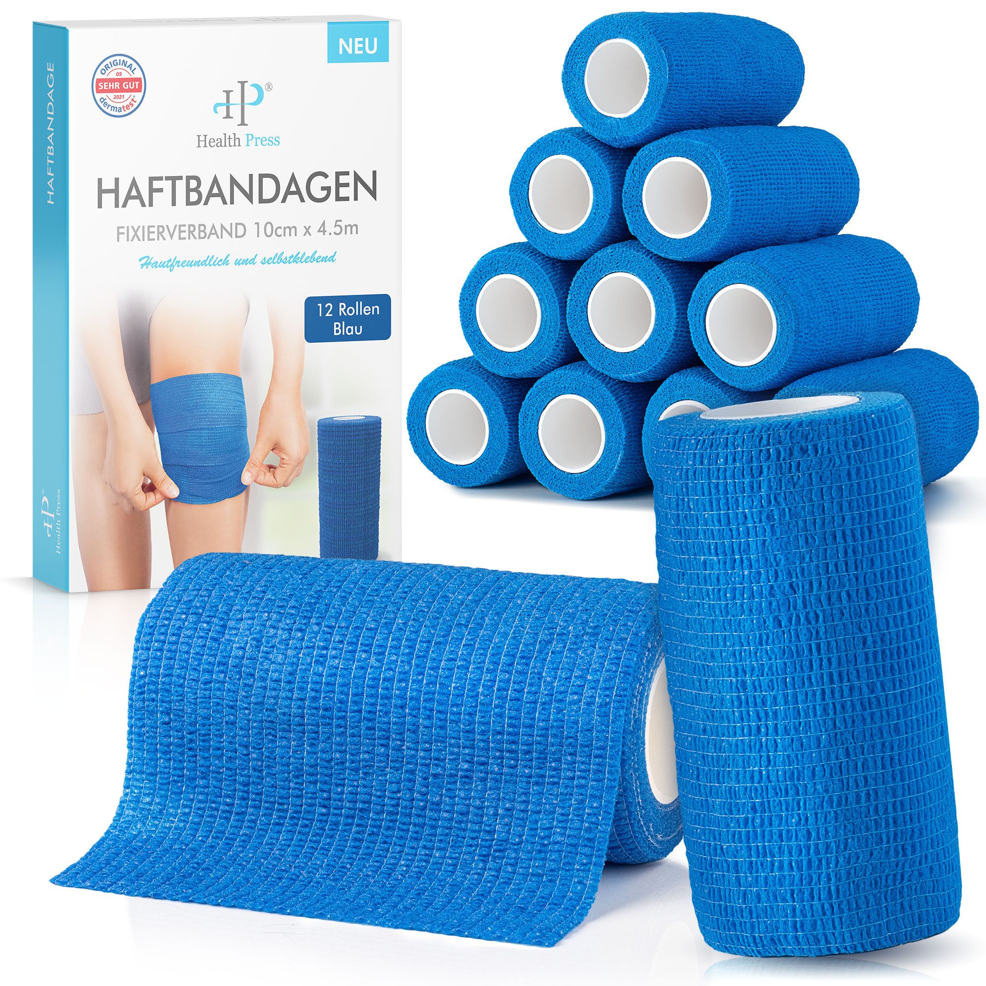 Health Press Bandage Selbstklebender Verband - 12 Elastische Bandagen Rollen (10cm x 4,5m)