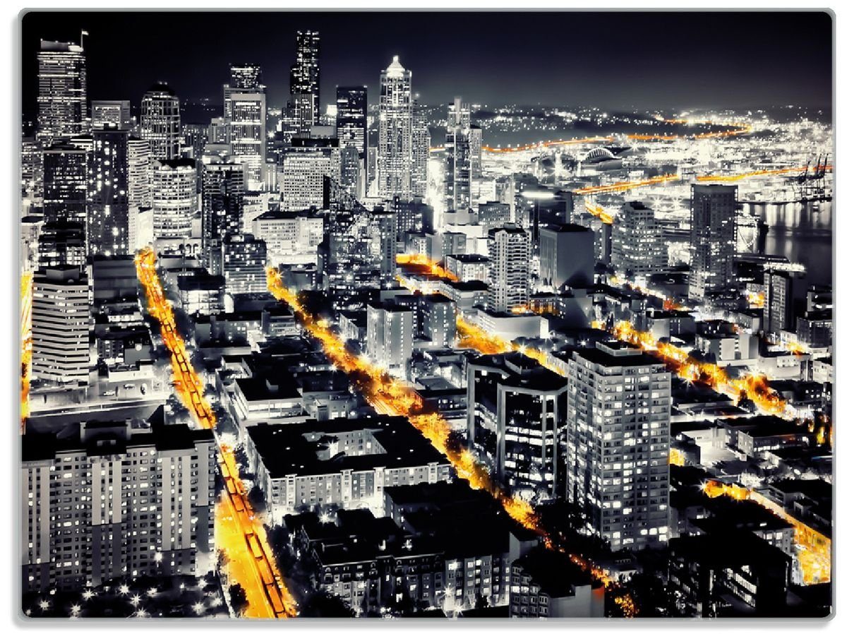 Wallario Schneidebrett Großstadt bei Nacht - Seattle in schwarz weiß gelb, ESG-Sicherheitsglas, (inkl. rutschfester Gummifüße 4mm, 1-St), 30x40cm