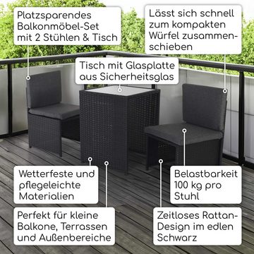 Raburg Sitzgruppe Balkonmöbel-Set, Polyrattan, Gartenmöbel 3-tlg., Grau/Schwarz, Hannah, (3-tlg. Set, inkl. Kissen), Esstisch mit 2 Stühlen, zusammenschiebbar und platzsparend