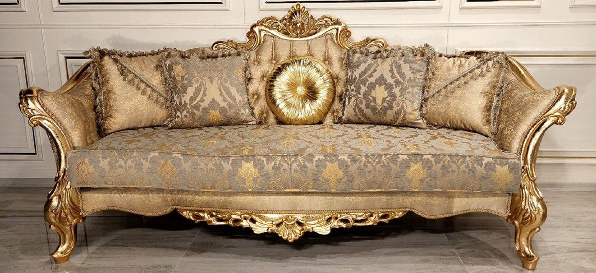Casa Padrino Sofa Luxus Barock Sofa Gold / Grau / Gold - Prunkvolles Wohnzimmer Sofa mit elegantem Muster - Barock Wohnzimmer & Hotel Möbel - Edel & Prunkvoll
