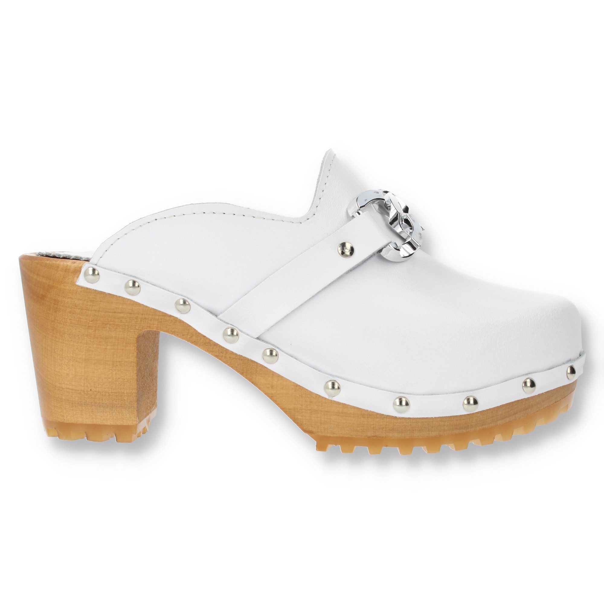 Cloque Bodony Clogs mit Absatz und Schnalle, Schwarz oder Weiß Clog (1 Paar, Echtleder, Holz-Absatz, Rückenschonend) zum Schlupfen