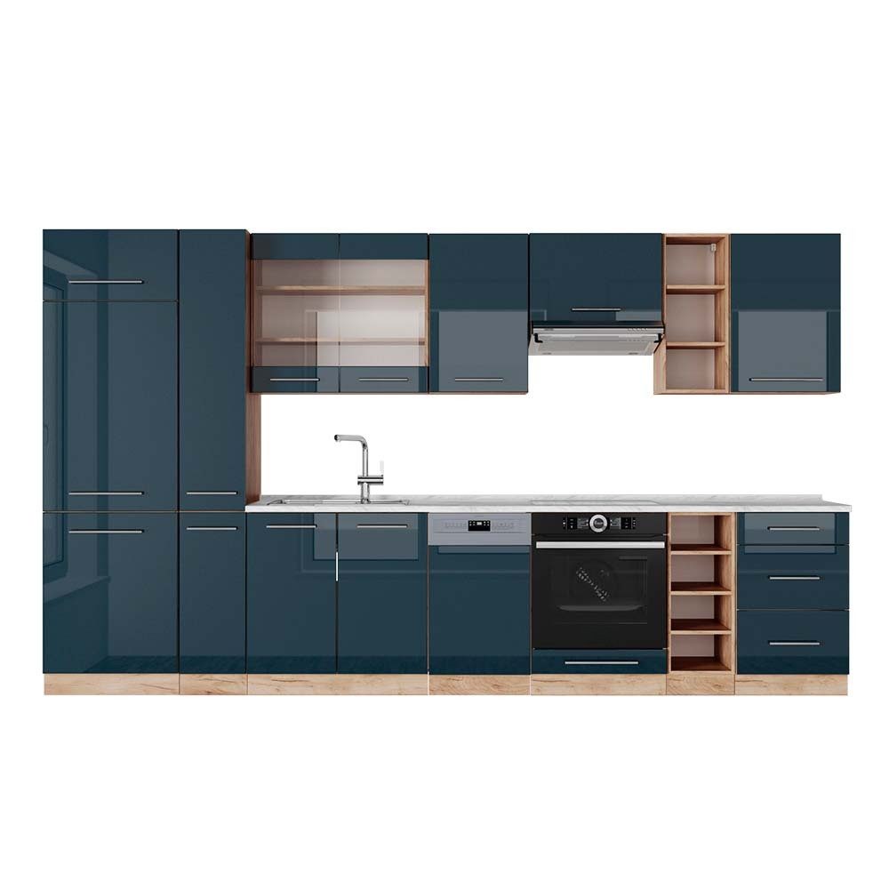 Vicco Küchenzeile Fame-Line, Dunkelblau Hochglanz/Goldkraft Eiche, 355 cm, AP Marmor
