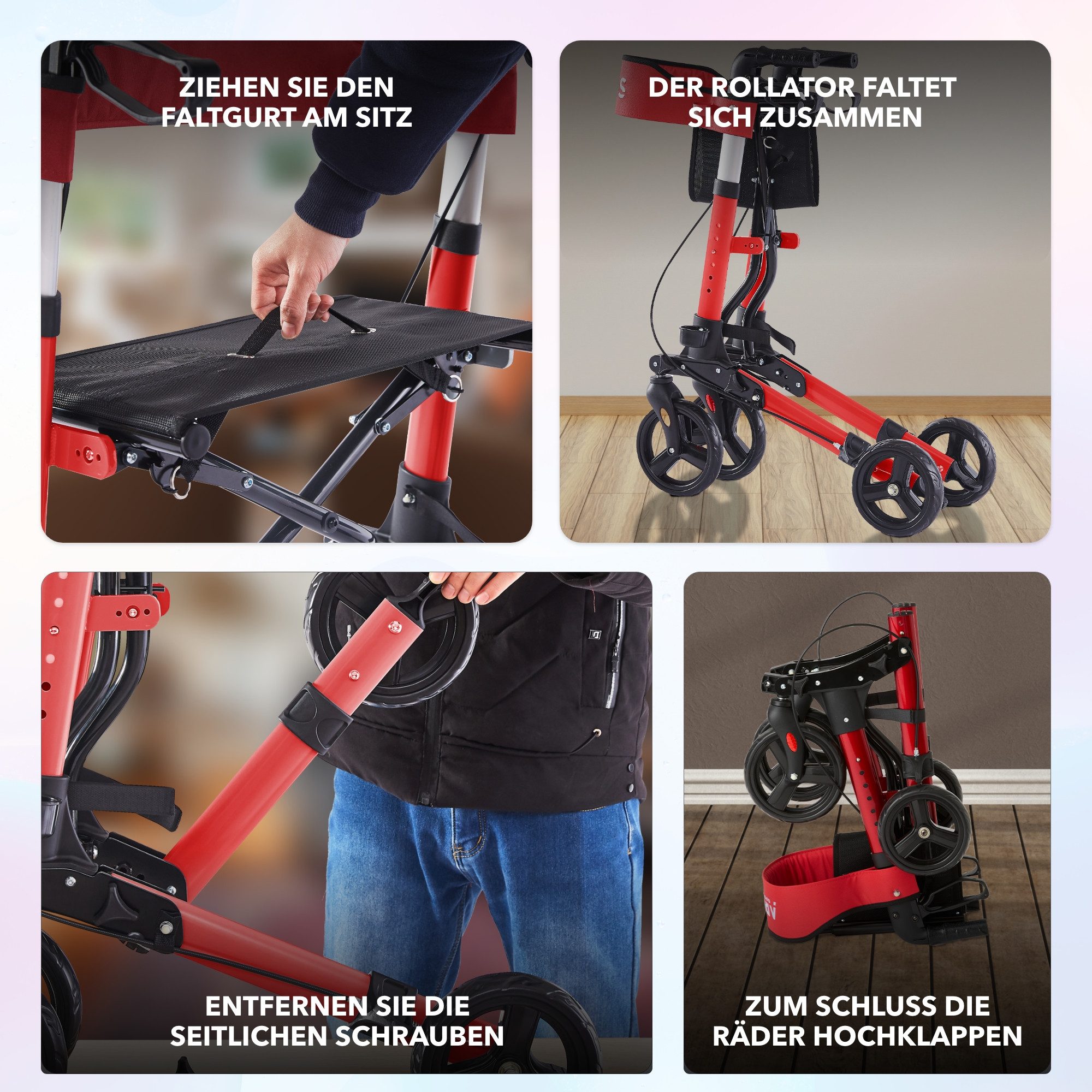 Arebos Rollator Aluminium faltbar 6-fach höhenverstellbar mit Tasche belastbar 136 kg, Ergonomische Griffe – komfortabel für lange Nutzung ohne Ermüdung