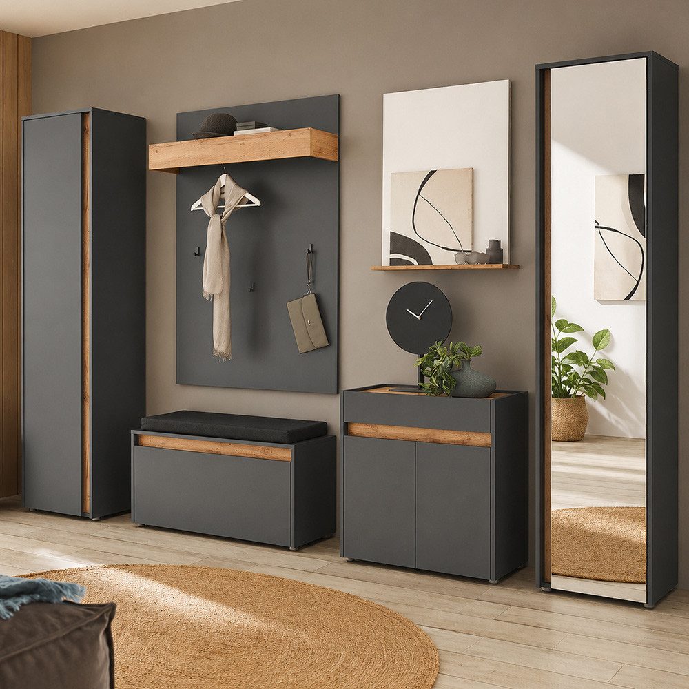 Lomadox Garderoben-Set CRISP-61, (Spar-Set, 6-St., Garderobenpaneel Schuhbank Garderobenschränke Spiegel Kommode), Anthrazit mit Eiche, griffloses Design, modern, Spiegel