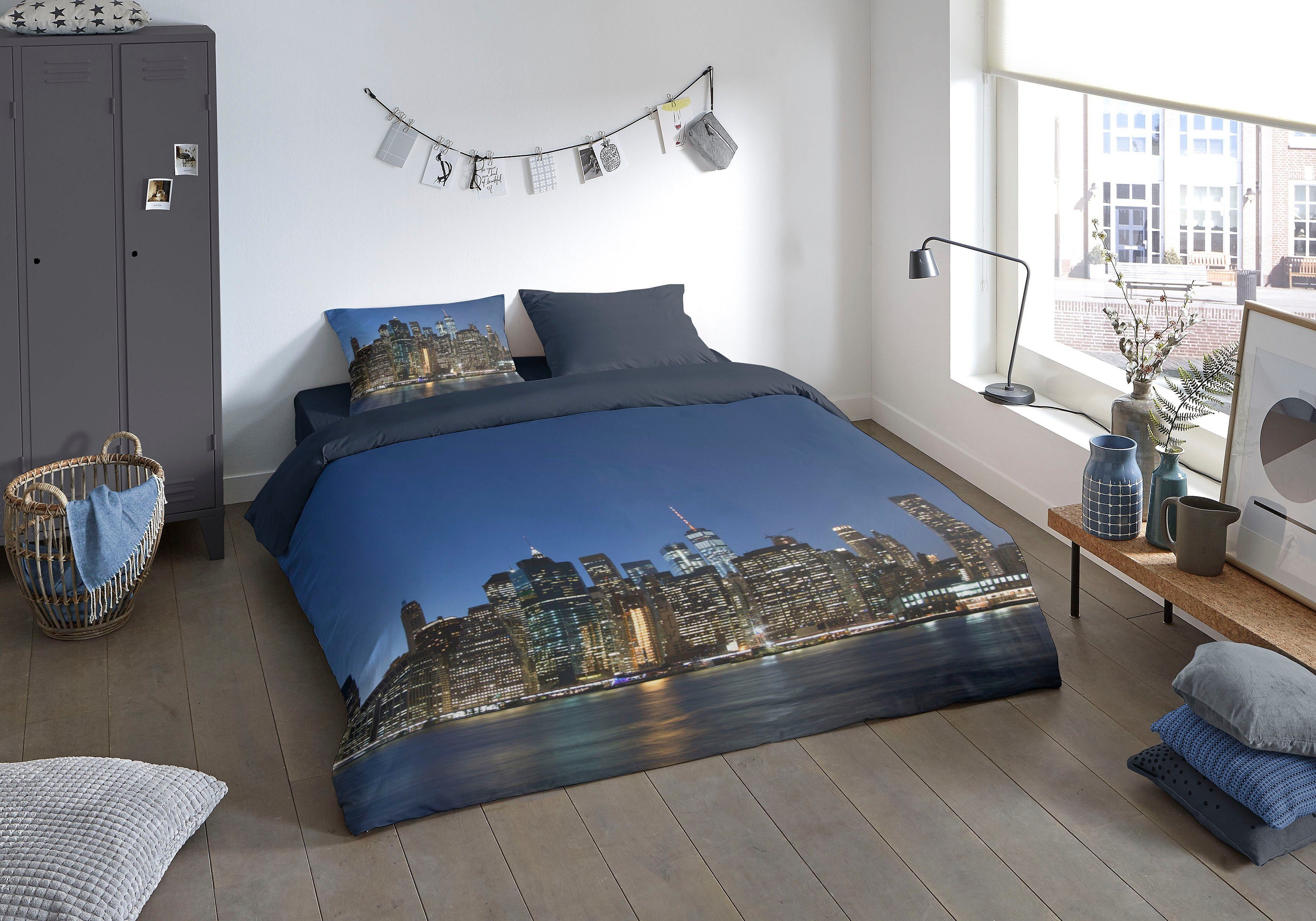 PURE luxury collection Wendebettwäsche NY City, Renforcé, 2 teilig, Mikrofaser, 135x200, Pflegeleicht, Reißverschluss, Wendeoptik New York