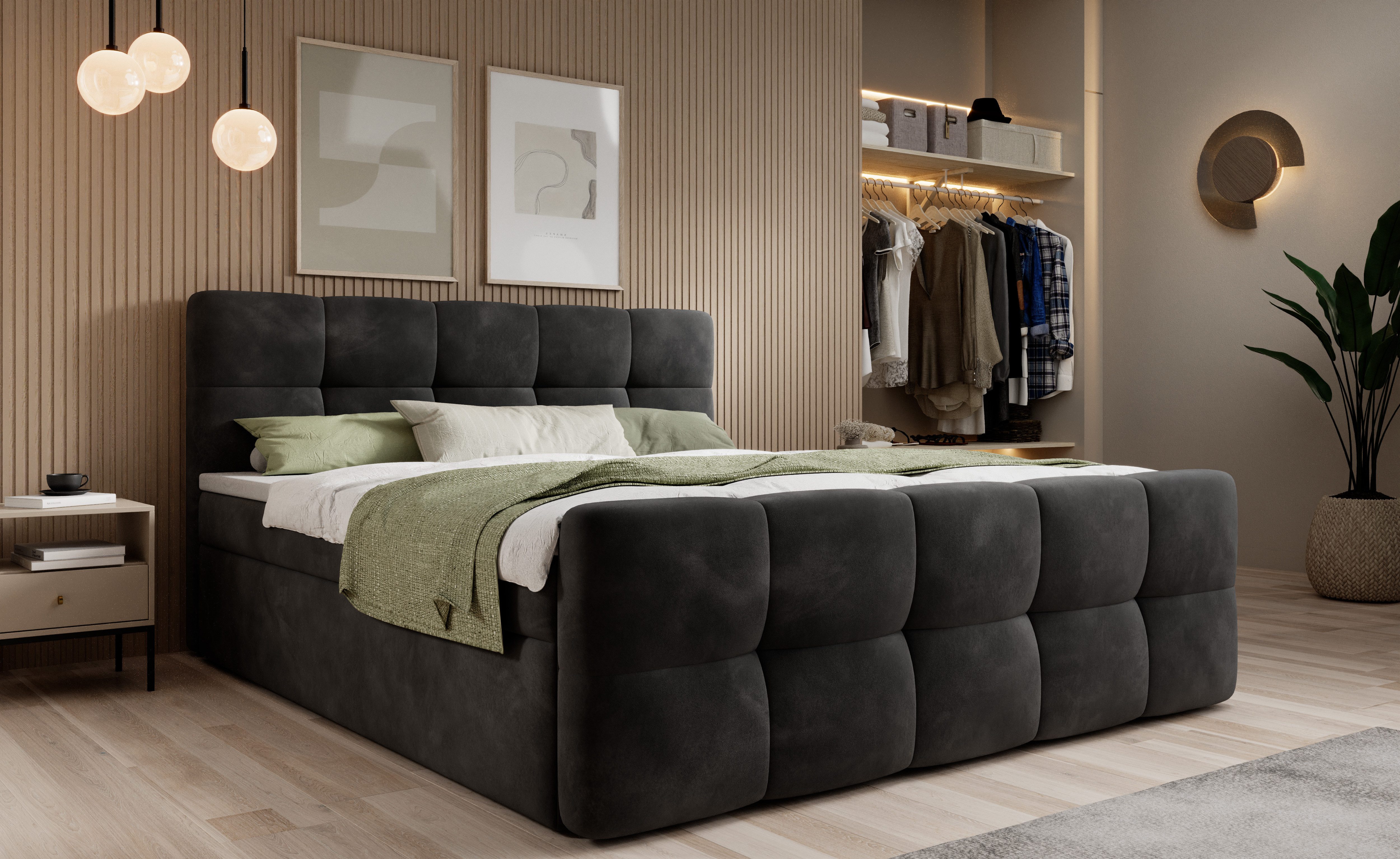 thematys Boxbett mit Bettkasten 140x200–200x200 cm – Velours oder Bouclé Bezug – (Polsterbett Bonnellfederkern Matratze H3 + Gratis 3cm Topper, Boxbett - Luxus Doppelbett mit Stauraum)