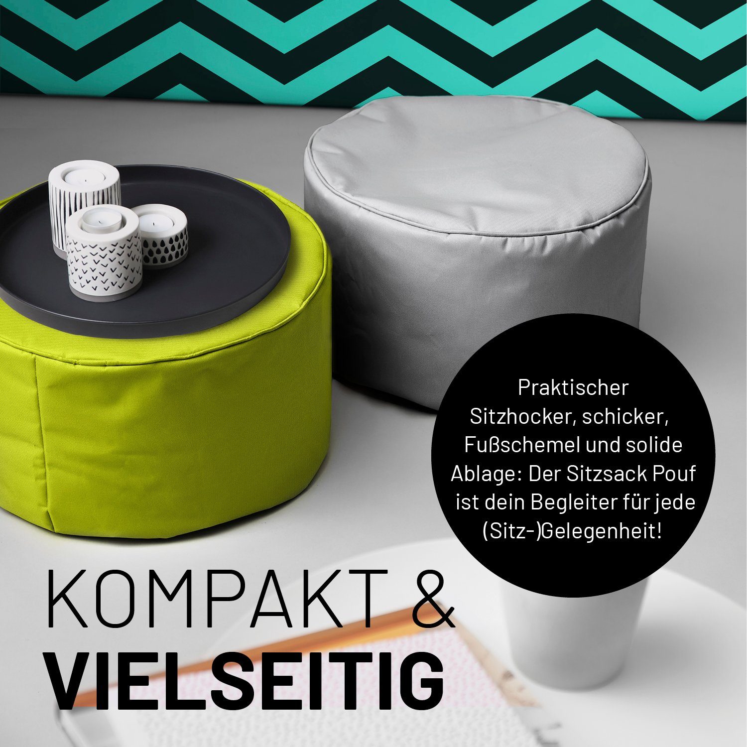 in- Fußsack 25x45cm Garantie Tisch, apfelgrün Lumaland & 5 Sitzsack Outdoor, Hocker, kompakt & Jahre 50L Pouf