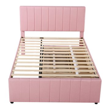 IDEASY Polsterbett Doppelbett, Plattformbett, 140 x 200 cm, (mit ausziehbarem Bett, 3 Unterbettschubladen), hautfreundliches Leinenmaterial, rosa, einfache Montage