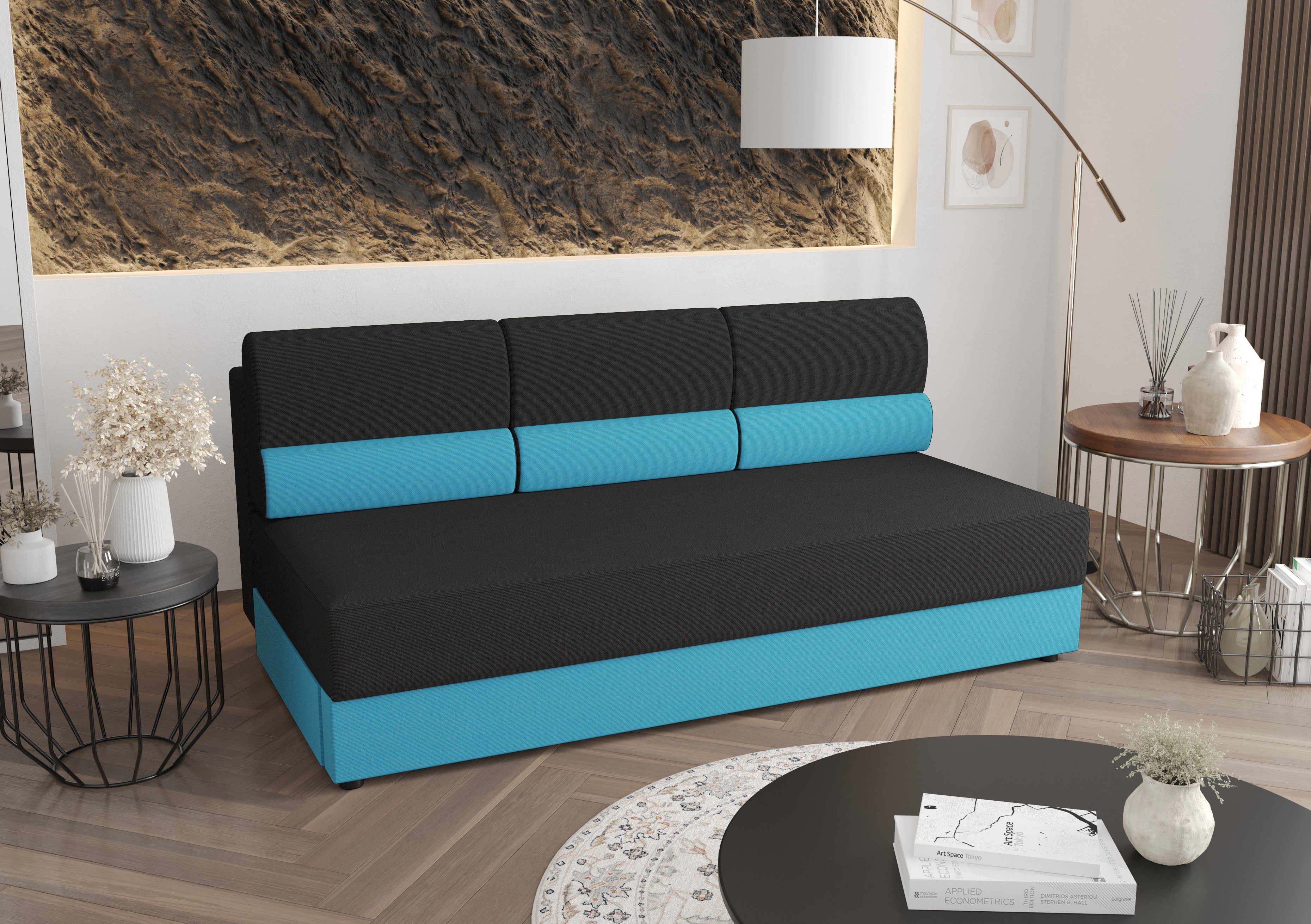 Schlafsofa, Schwarz+Blau 190cm und COUCH mit Bettkasten REBI Schlaffunktion pressiode Sofa