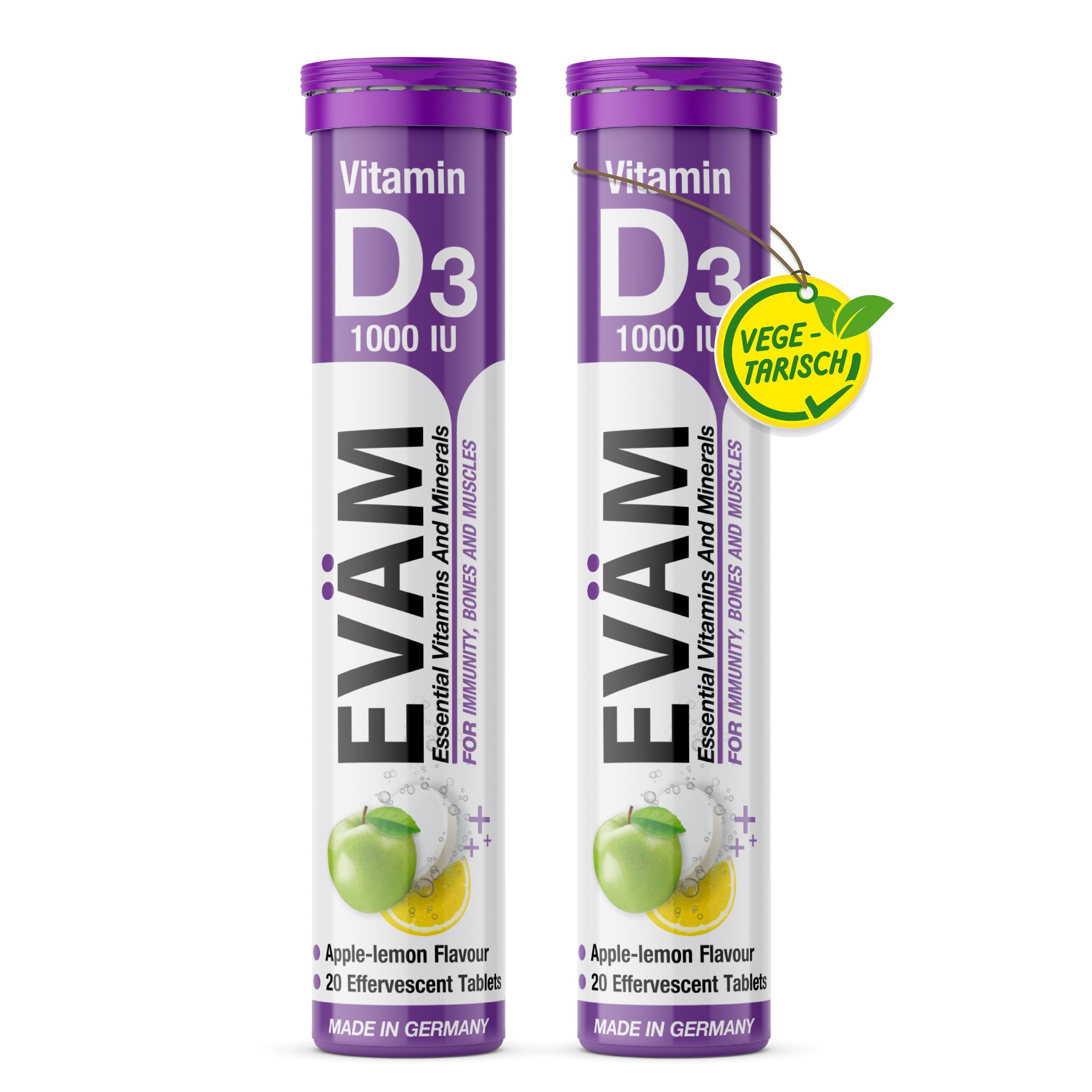 EVÄM Vitamin D3 1000 I.E., Apfel-Zitrone – 25 µg = 500% NRV, vegetarisch Brausetabletten, 2 er Rörchen à 20 St., 164 g, made in Deutschland