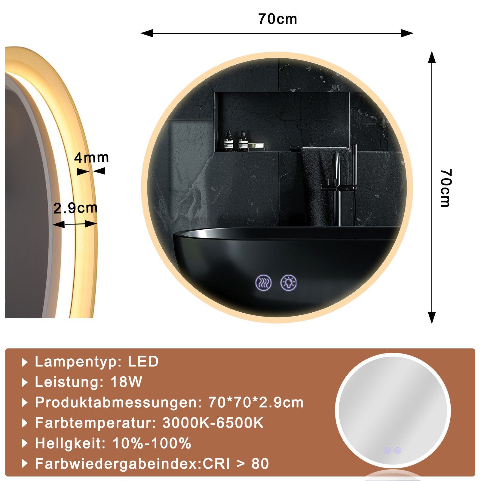 Nettlife Badspiegel spiegel mit Beleuchtung Rund 60cm, zimmerspiegel mit Touch-Schalter und Entfogger-Funktion – Bild 5 von 5