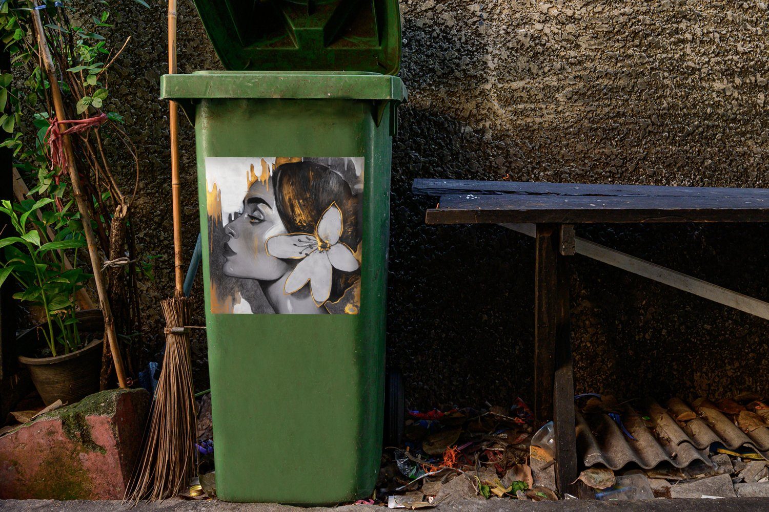 Abfalbehälter MuchoWow Frau - Mülleimer-aufkleber, Sticker, - - Gold Ölgemälde (1 Container, Wandsticker Blume St), Mülltonne, Gemälde -
