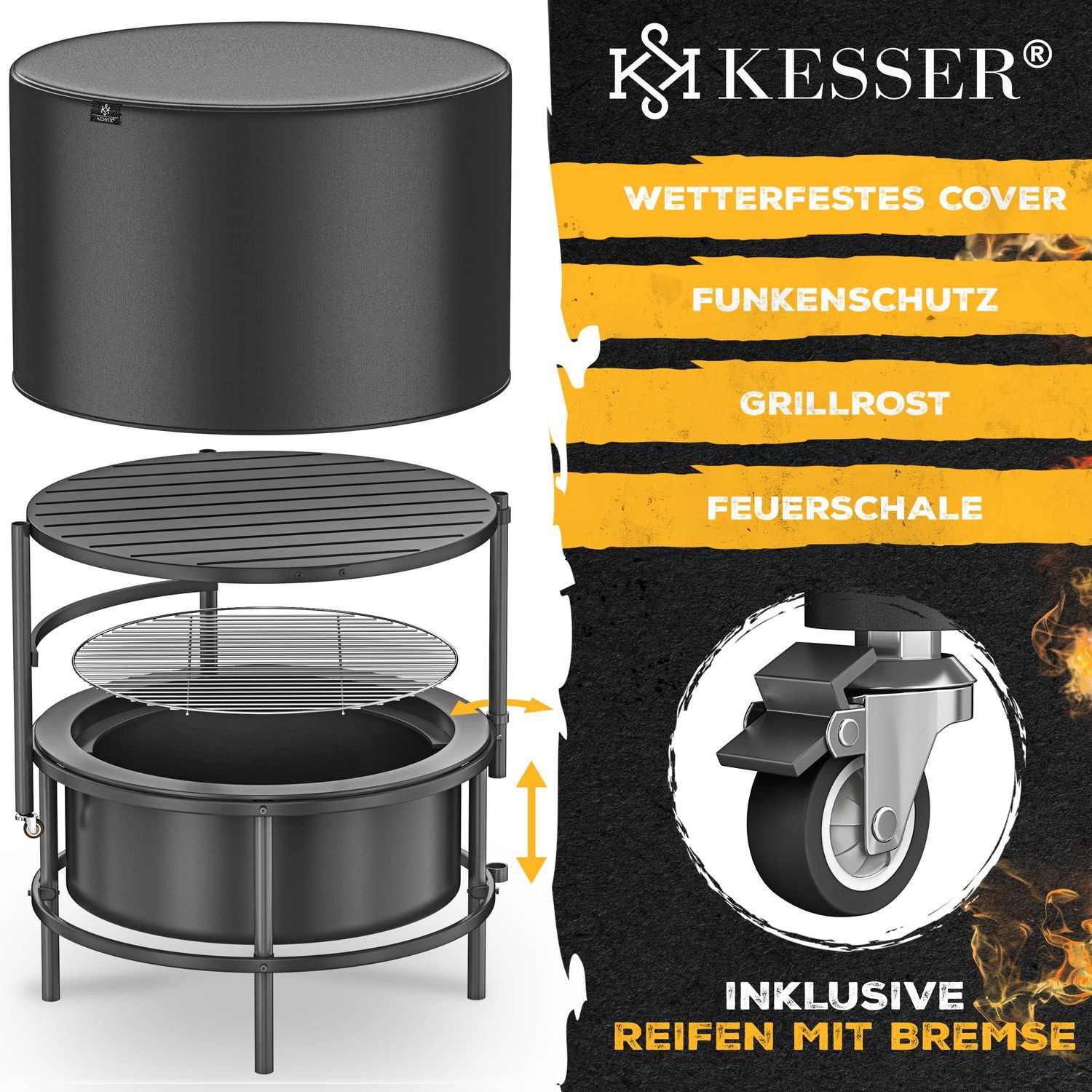 KESSER fire bowl Ø65cm, fire pit made of cold-finished steel with 0.6mm steel thickness, (fire basket including grill grate, cast iron fire hook, brush & cover), fire barrel with wheel & locking brake, campfire with wood & charcoal