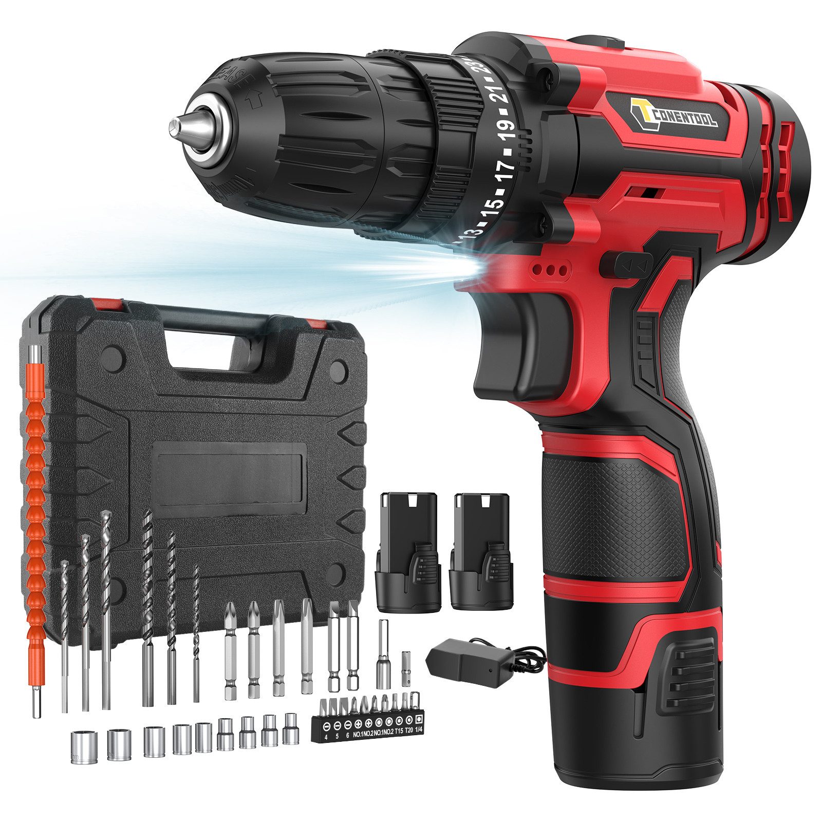 CONENTOOL Akku-Bohrschrauber Akku-Schrauber, 2 Geschwindigkeiten, 220-240 V, max. 1650 U/min, (Set, 34-tlg), mit 2×2000mAh Akkus, Akku Инструмент: Leicht & Stark