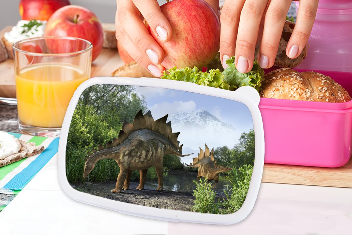 MuchoWow Lunchbox Dinosaurier - Berg Jungen - - Kunststoff, - - Kunststoff - Kinder Erwachsene, Mädchen, Wald (2-tlg), Brotdose Snackbox, rosa Kinder, Kleiner, für Illustration Brotbox