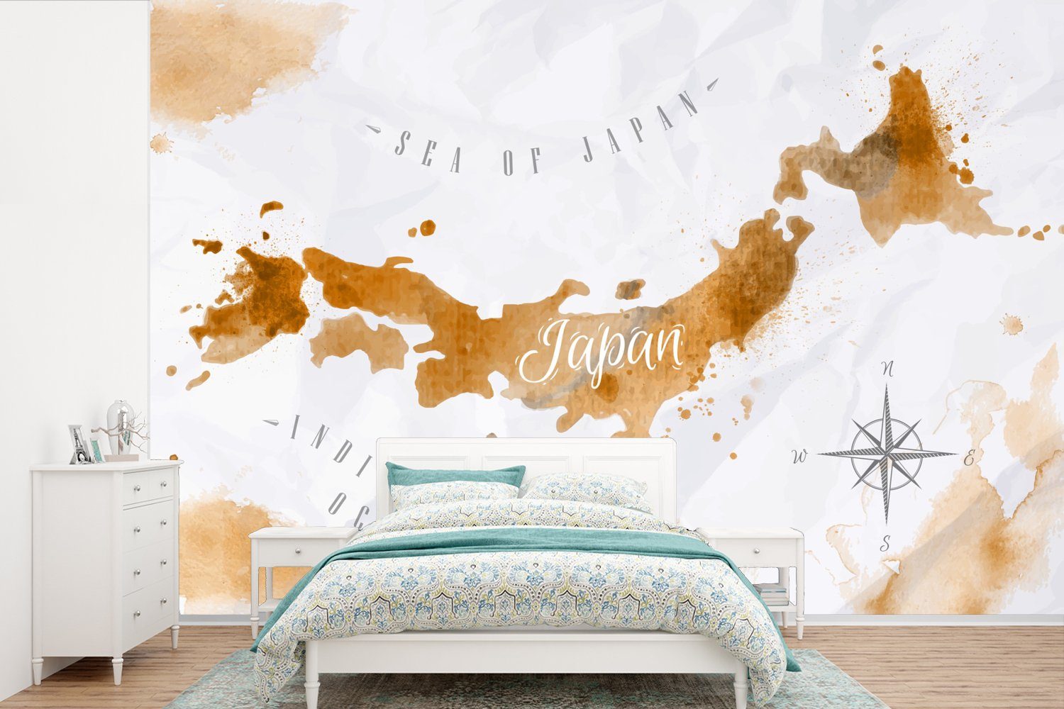 MuchoWow Fototapete Farbe - Japan - Weltkarte, Matt, bedruckt, (6 St), Wallpaper für Wohnzimmer, Schlafzimmer, Kinderzimmer, Vinyl Tapete