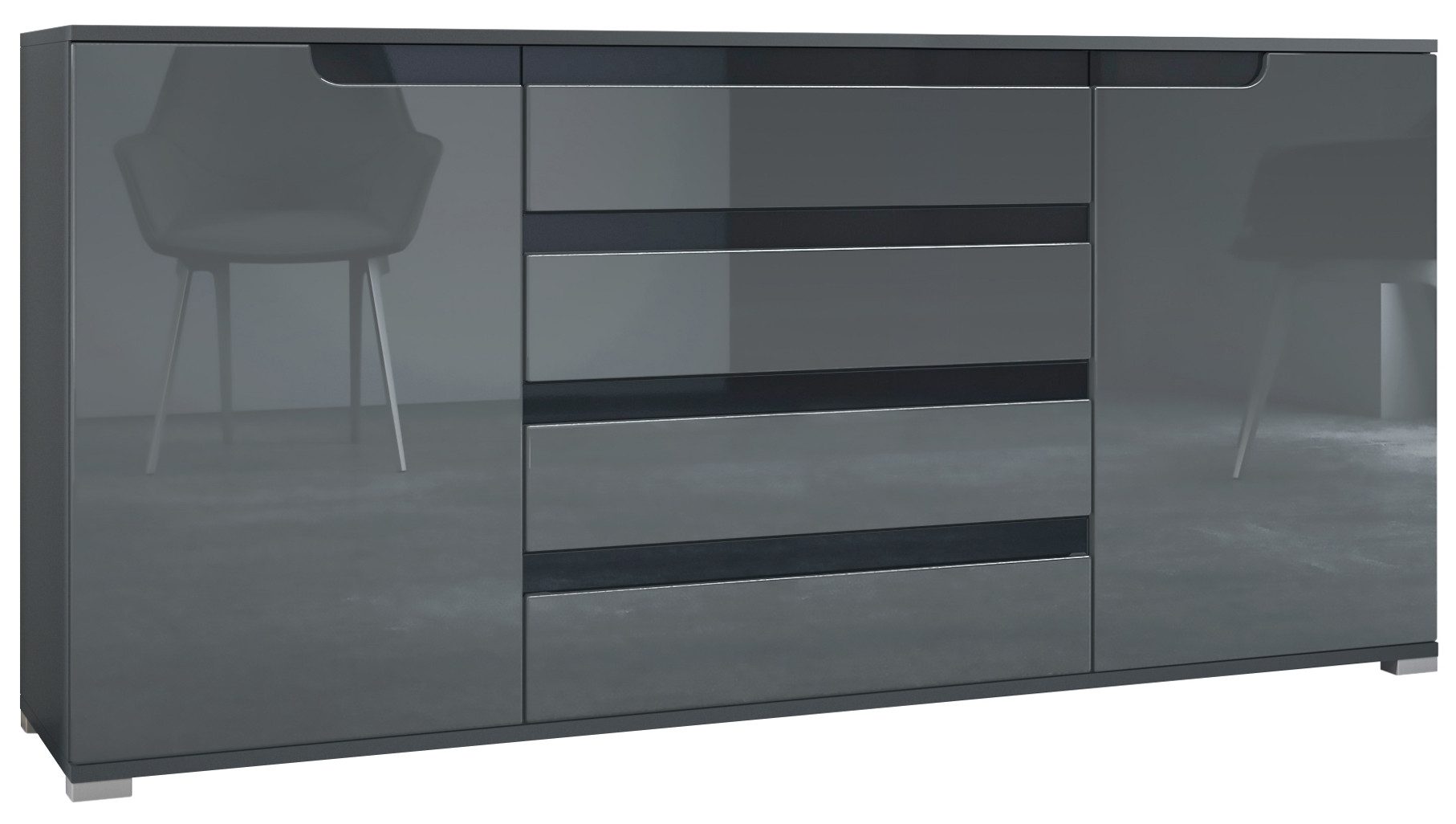 Vladon Sideboard Sylt V2 (Kommode mit 2 Türen und 4 Schubladen, Korpus - Anthrazit matt / Front - Grau Hochglanz), Absetzung - Schwarz Hochglanz (166,5 x 75,5 x 35 cm)
