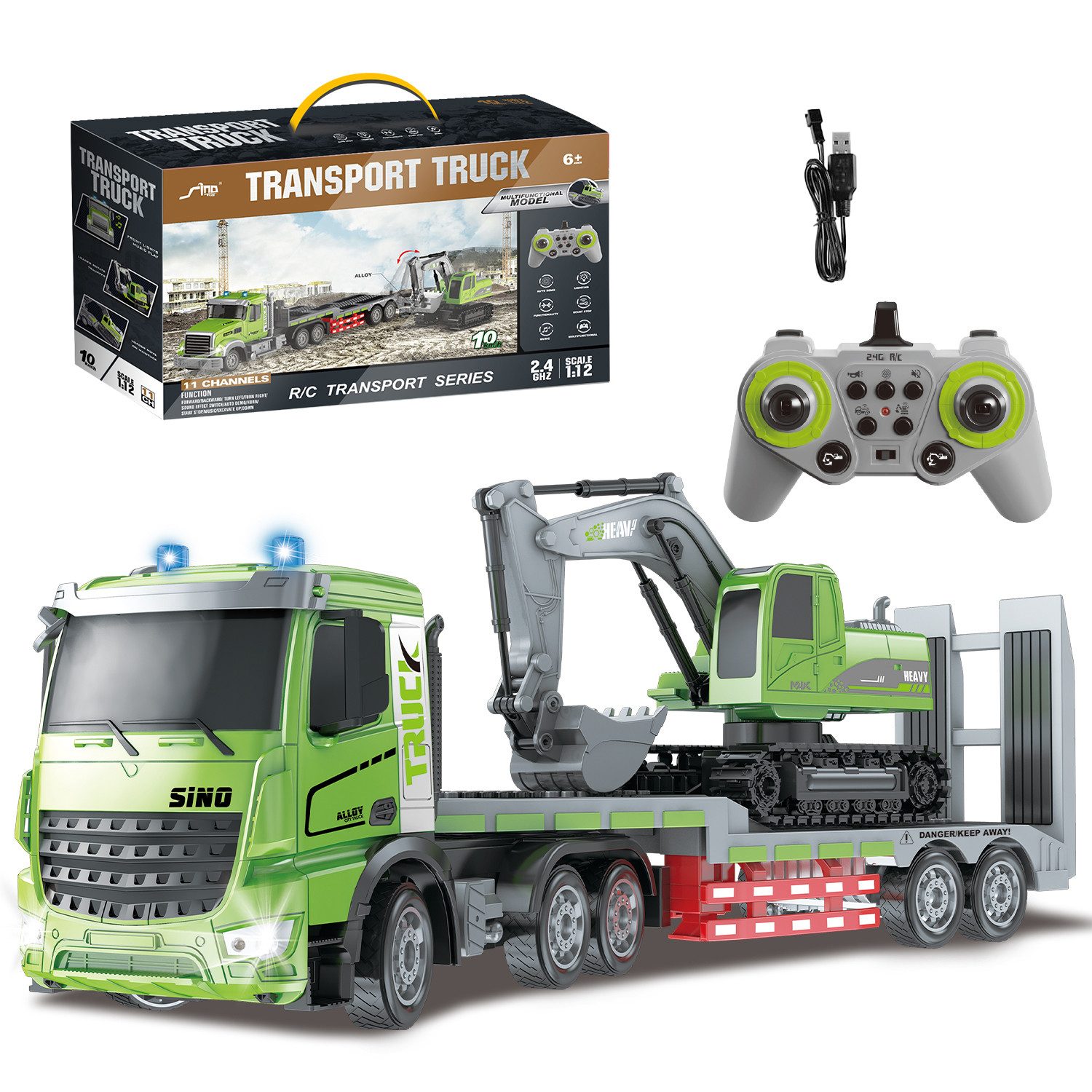 Esun RC-Auto RC LKW Spielzeug, 1:12 Ferngesteuerter Truck & Bagger Set mit Lichtern (Komplettset), Bagger Ferngesteuert Spielzeug für Jungen ab 6 7 8