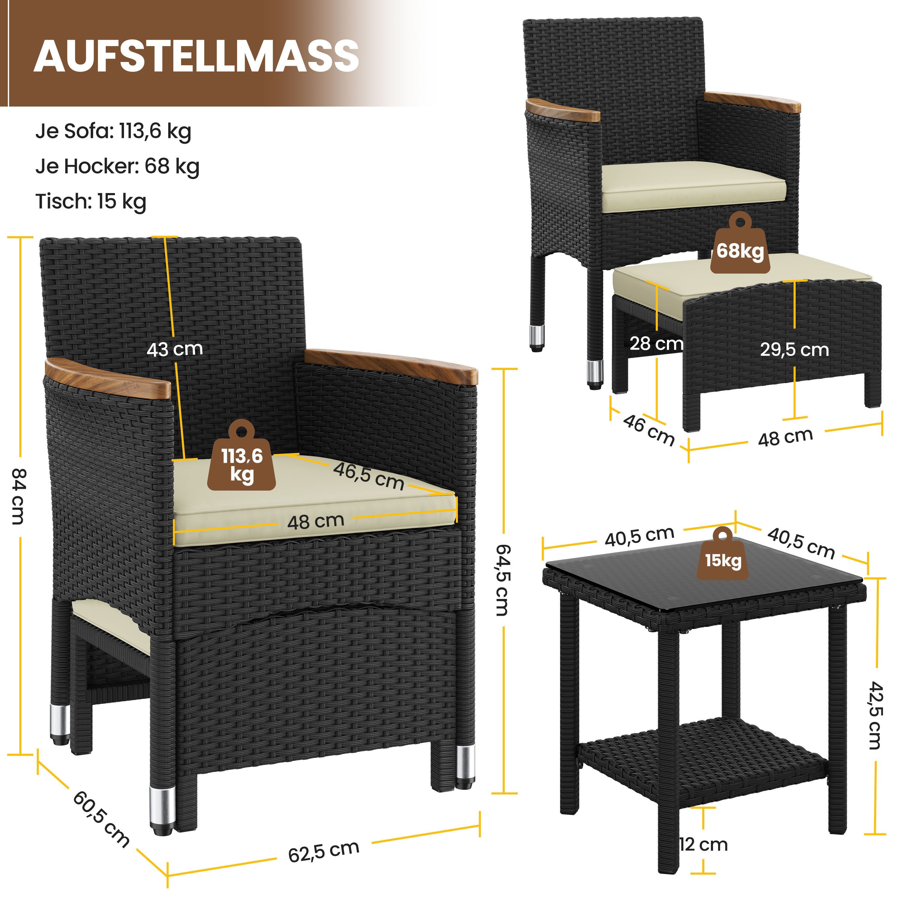 Yaheetech Gartenlounge-Set 5er Garten-Set in Rattan-Optik, mit 2 Sessel & 2 Fußhocker & 1 Kaffeetisch für Garten/Hof/Balkon – Bild 4 von 5