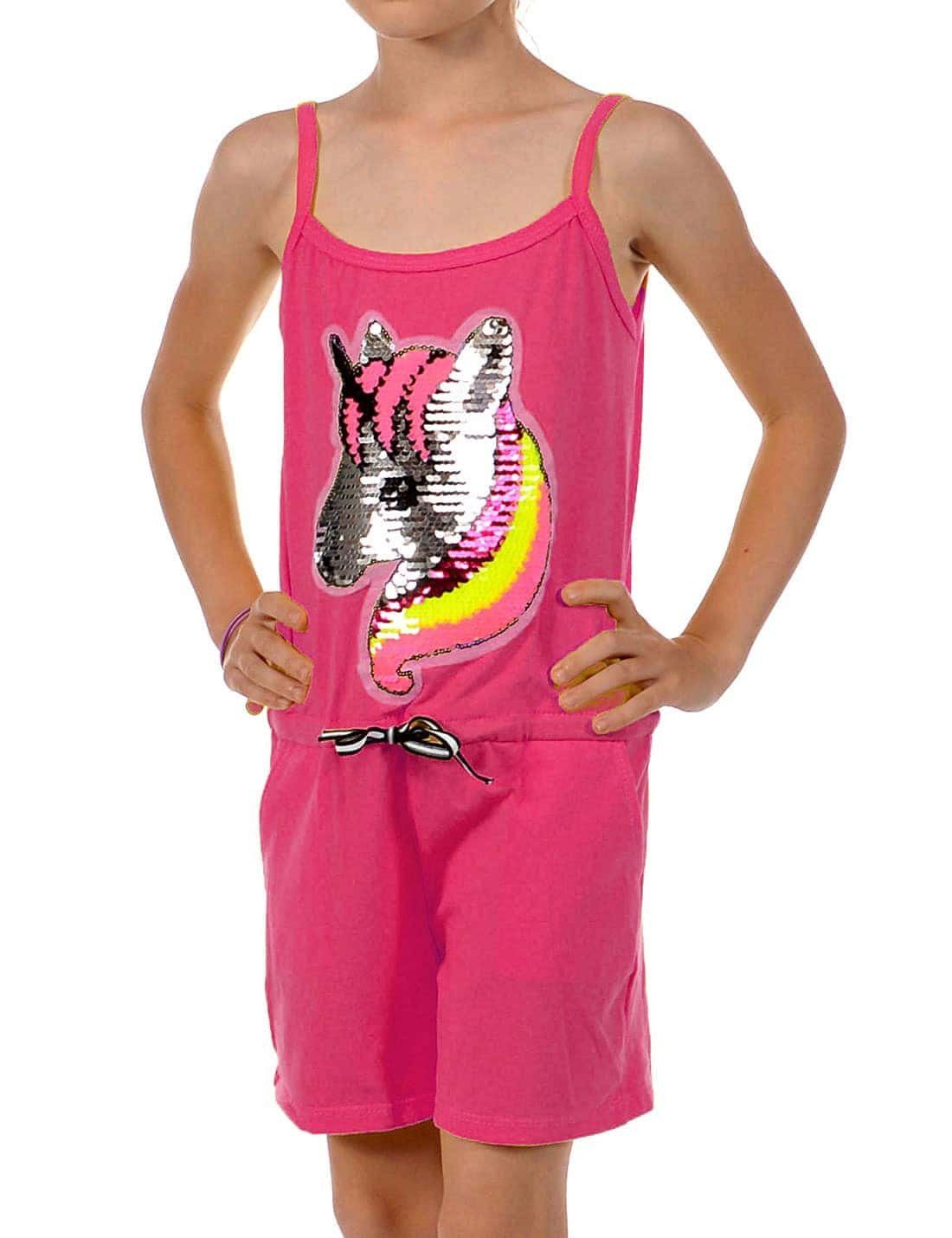 KMISSO Jumpsuit Mädchen Jumpsuit kurz Wendepailletten Einhorn (1-tlg) elastischer Bund Pink