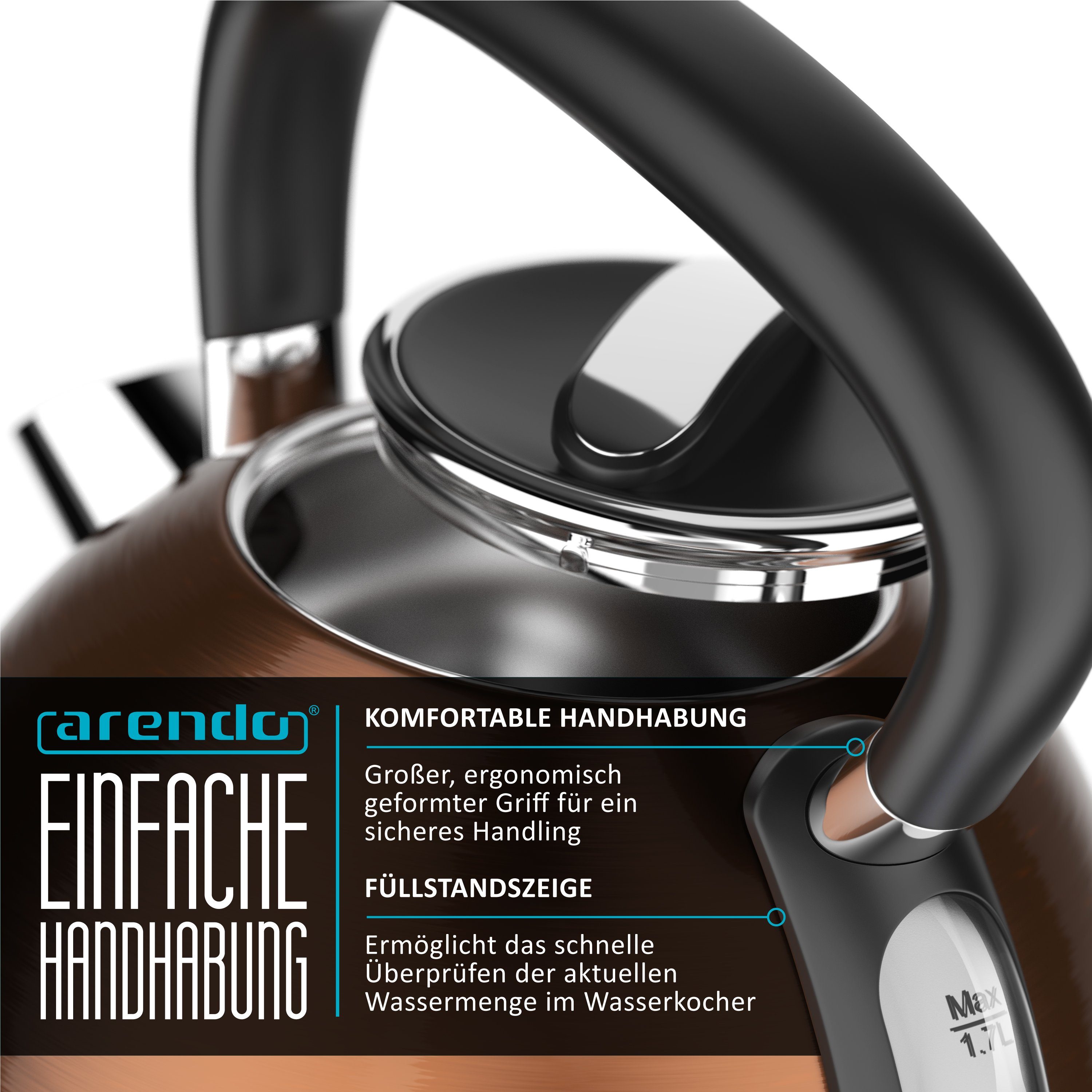 Arendo Wasserkocher Retro Edelstahl Teekessel im Vintage Style, GS Geprüft, Kupfer, 1,7 l, 2200 W, Überhitzung & Trockenkochschutz, automatische Abschaltung, Kalkfilter