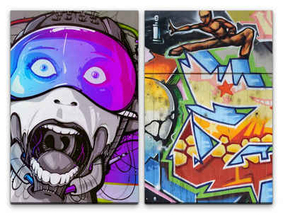Sinus Art Leinwandbild 2 Bilder je 60x90cm Cyborg Street Art Graffiti Wand Bunt Hip Hop Sprayer