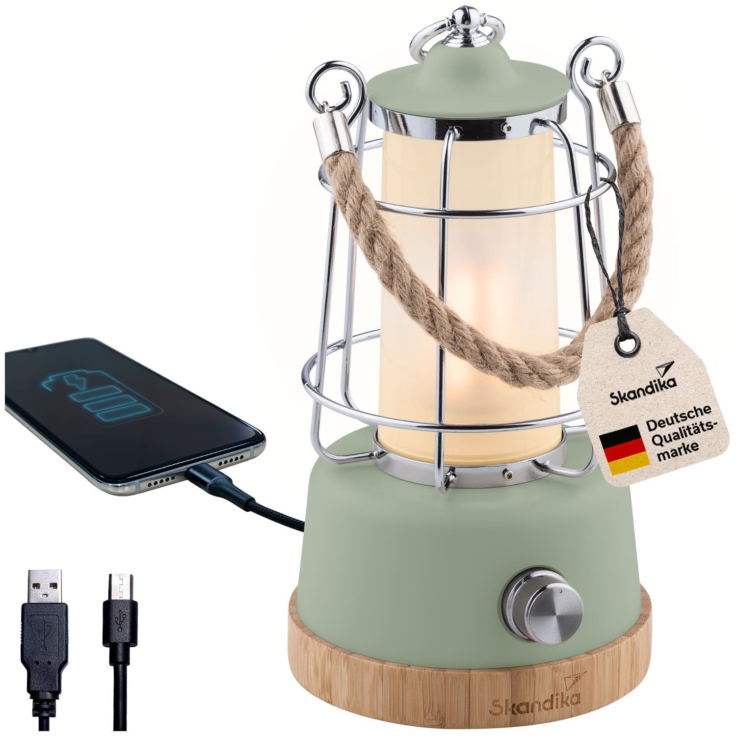 Skandika LED Gartenleuchte Campinglampe Kiruna aufladbar mit Powerbank 5000 mAh, USB, Retro Outdoor Lampe, stufenlos dimmbar, kabellos, 75h Leuchtzeit, Akku