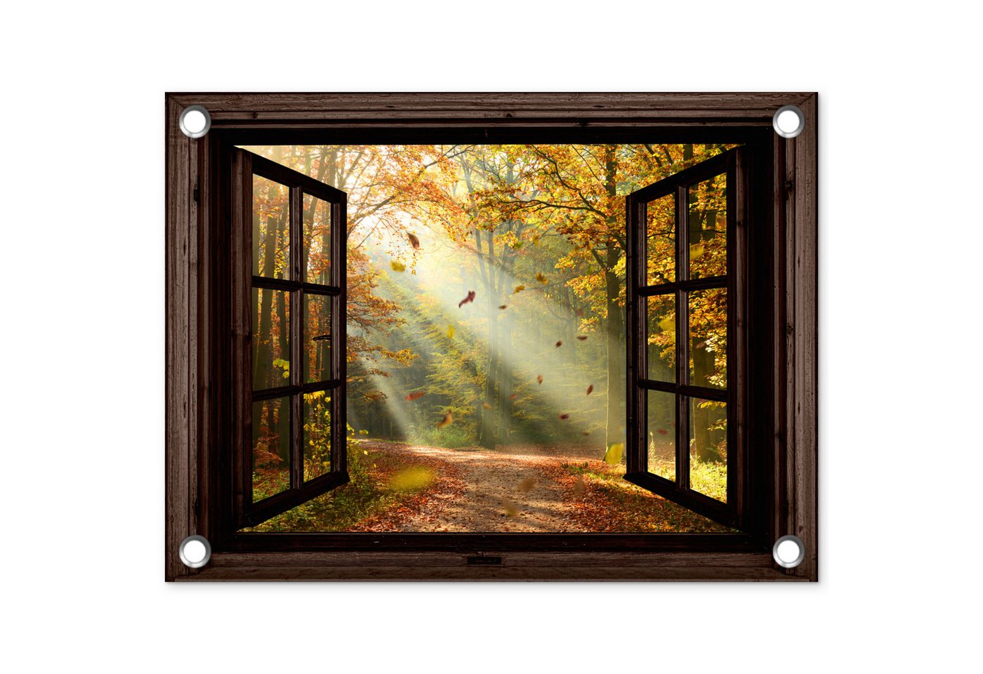 OnlyWow Poster für Garten Wald - Bäume - Herbst - Sonne - Herbstlaub - Natur - Ansich, Gartenposter, Outdoor Bilder, Gartendekoration Bild, 40x30 cm