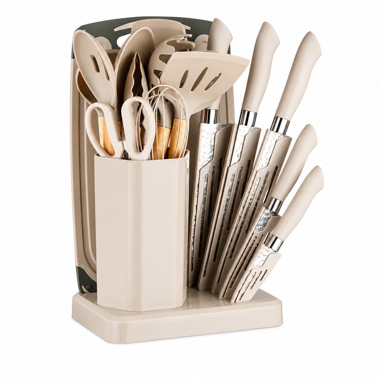 Diyarts Kochbesteck-Set (für beschichtete Pfannen, inklusive Kochmesser, Beige 23-teilig, Grün, Weiß und Schwarz je 20-teilig), Schonende Silikon-Küchenhelfer mit Holzgriffen & Messer im Set