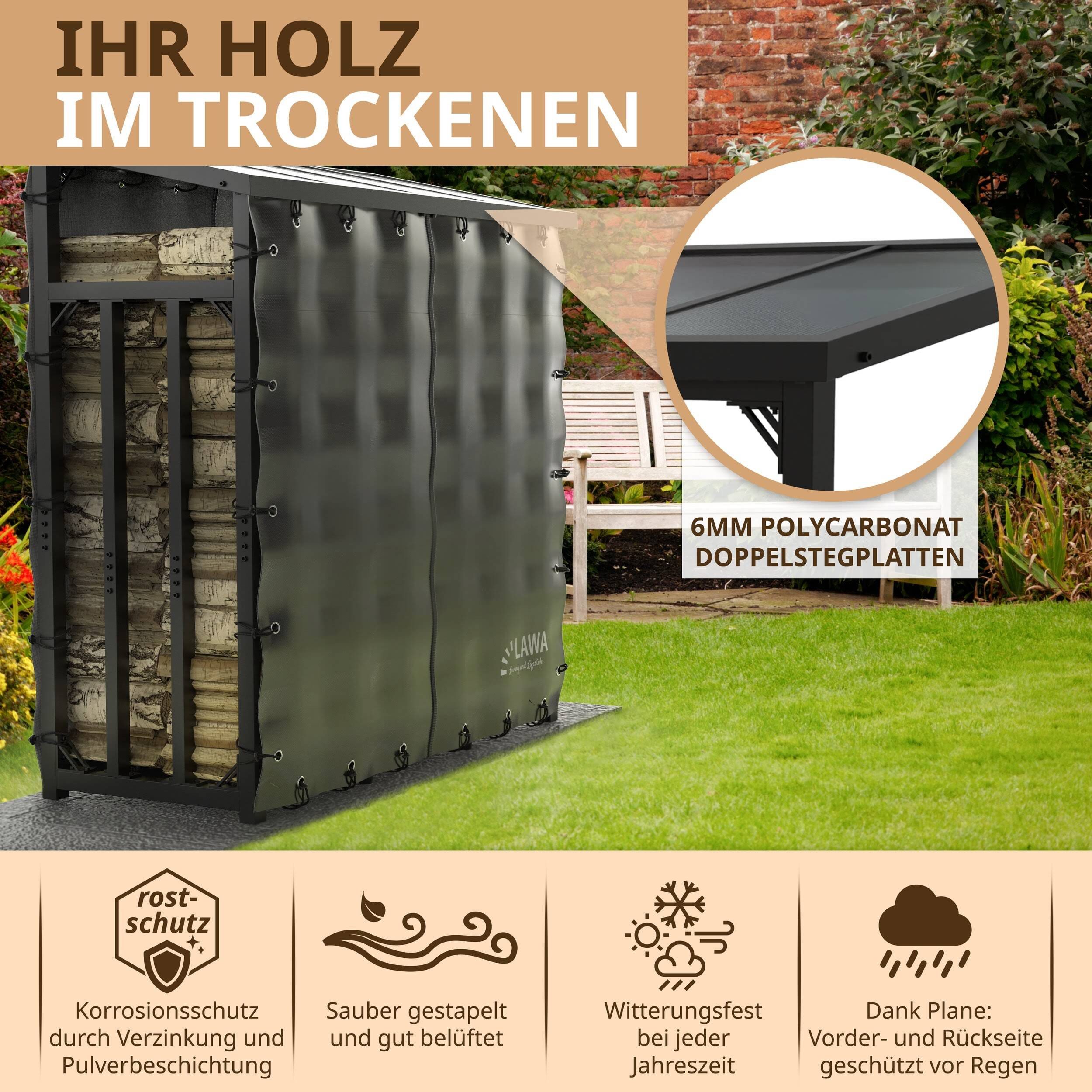 LAWA Living and Lifestyle Kaminholzregal Metall 1m tief mit Dach Garten Brennholz Unterstand Aussenbereich, BxTxH:188.00x70.00x188.00 cm, mit Wetterschutz I Abdeckung