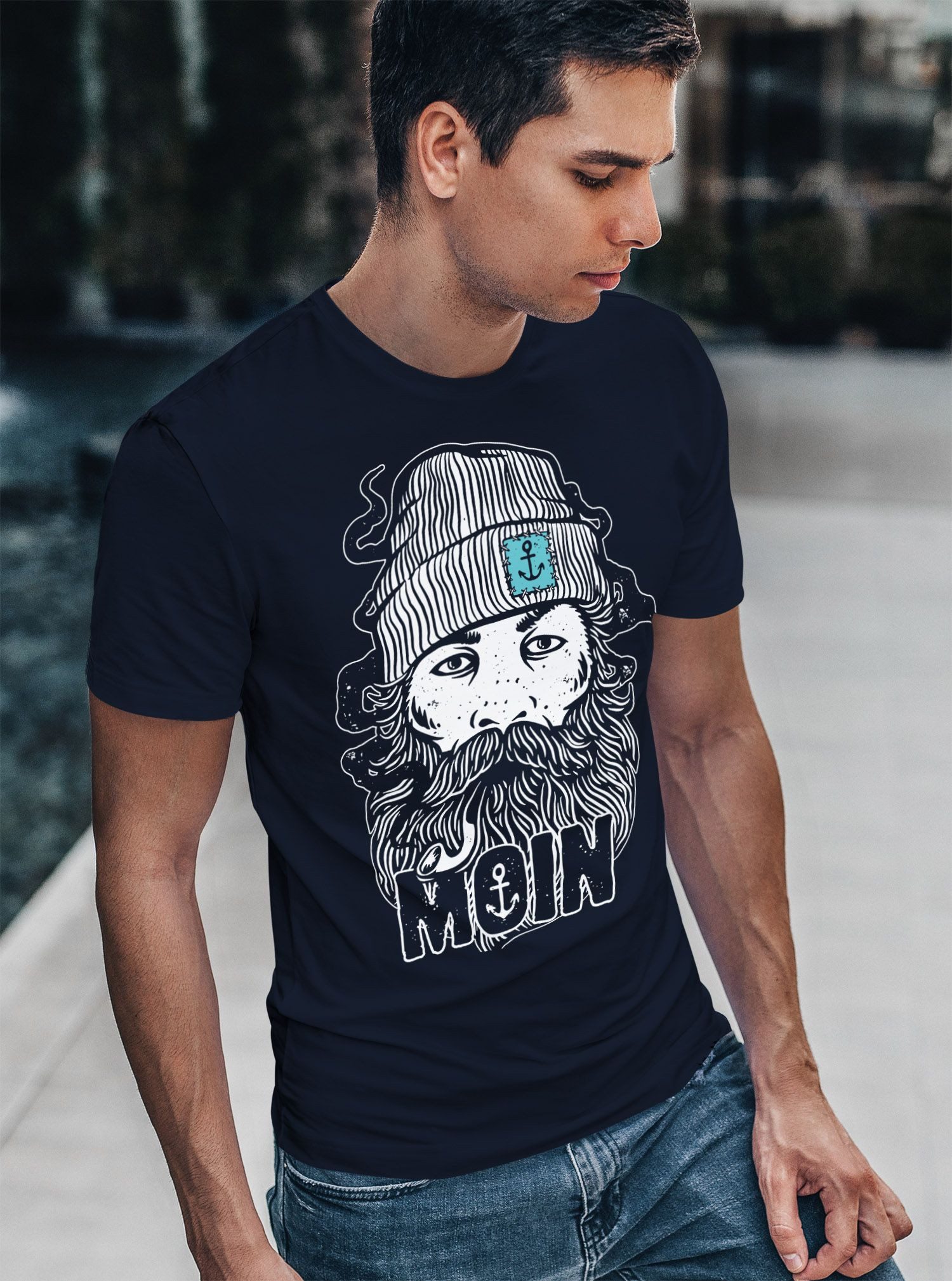 Neverless Print-Shirt Herren T-Shirt Moin Kapitän Bart Anker Nordisch Nordmann Norddeutsch mit Print – Bild 5 von 5
