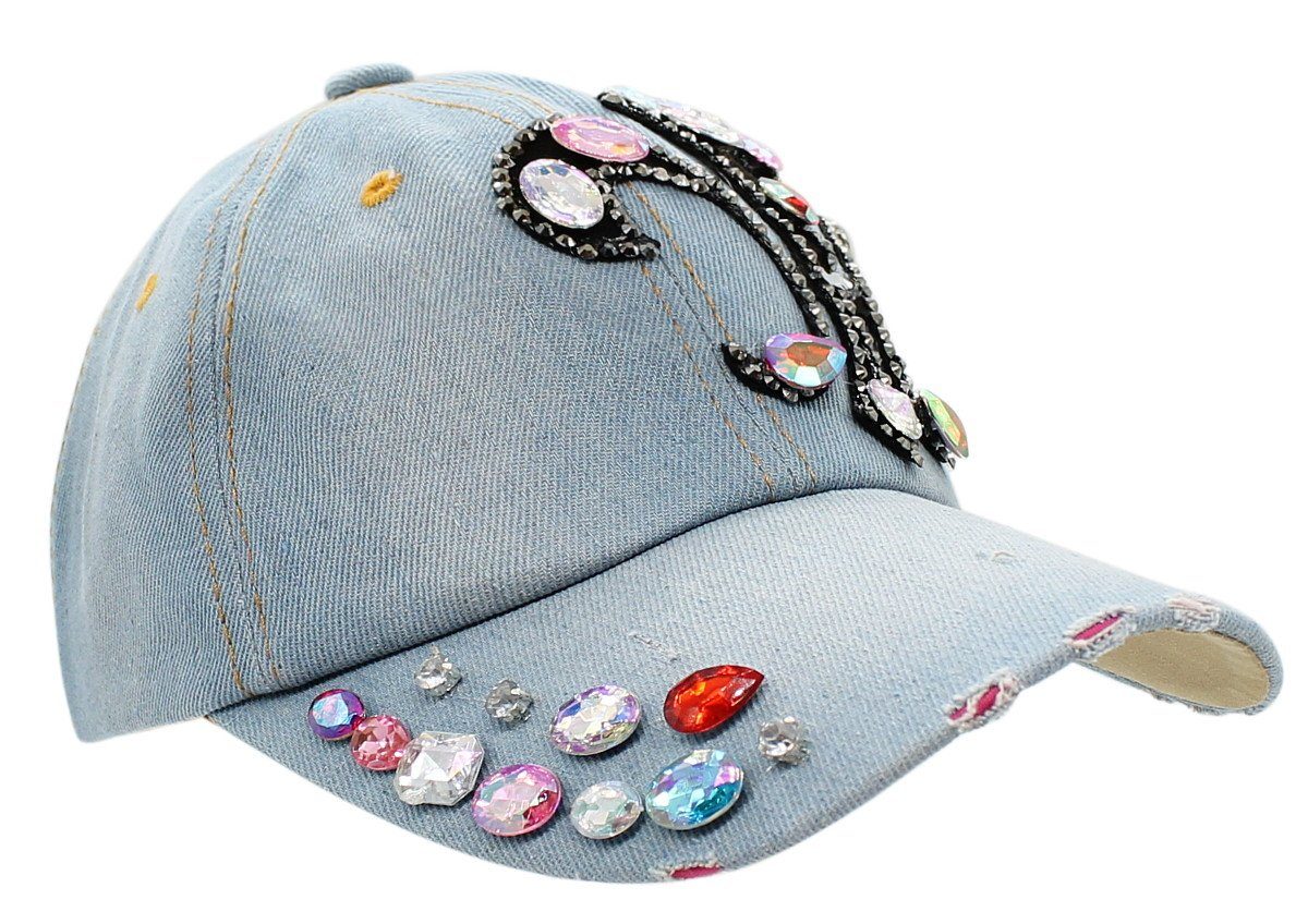 Mütze mit dy_mode Cap One Kappe Size Basecap Cap Baseball Damen Baseball Strass Glitzer Jeans K025-Hellblau mit