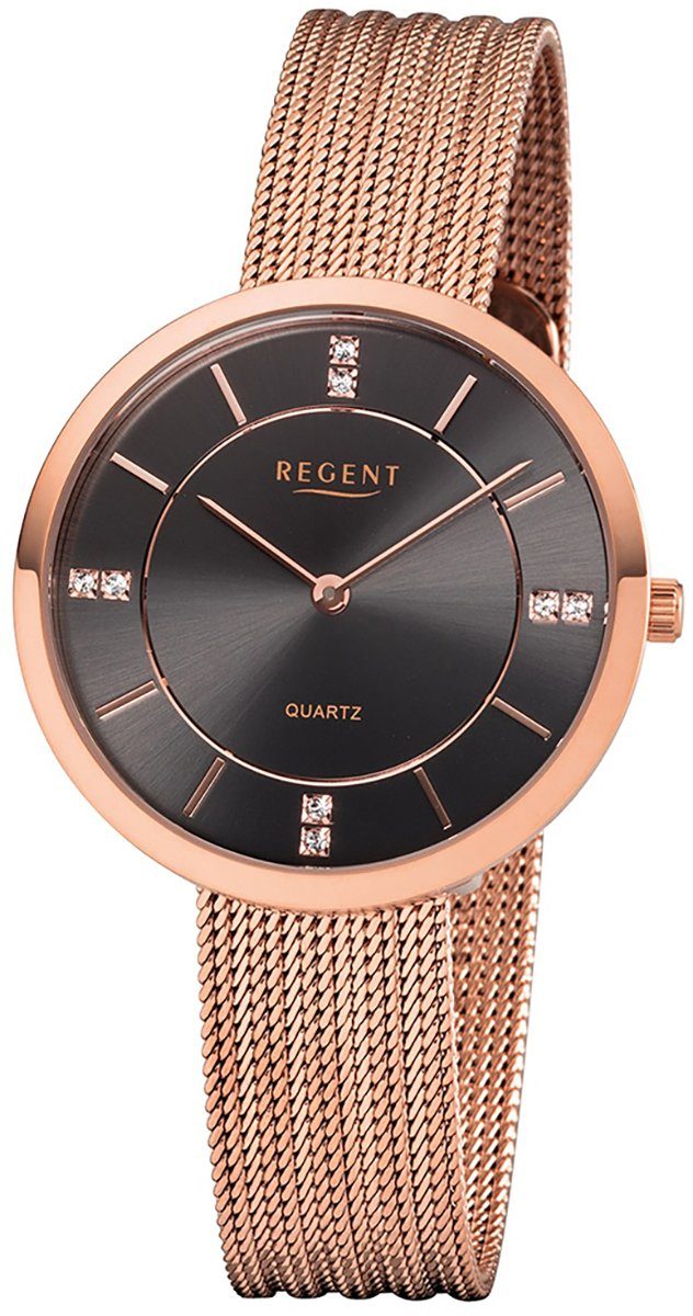 Regent Quarzuhr Regent Damen Uhr F-1157 Metall Quarz, Damen Armbanduhr rund, mittel (ca. 34mm), Metallarmband