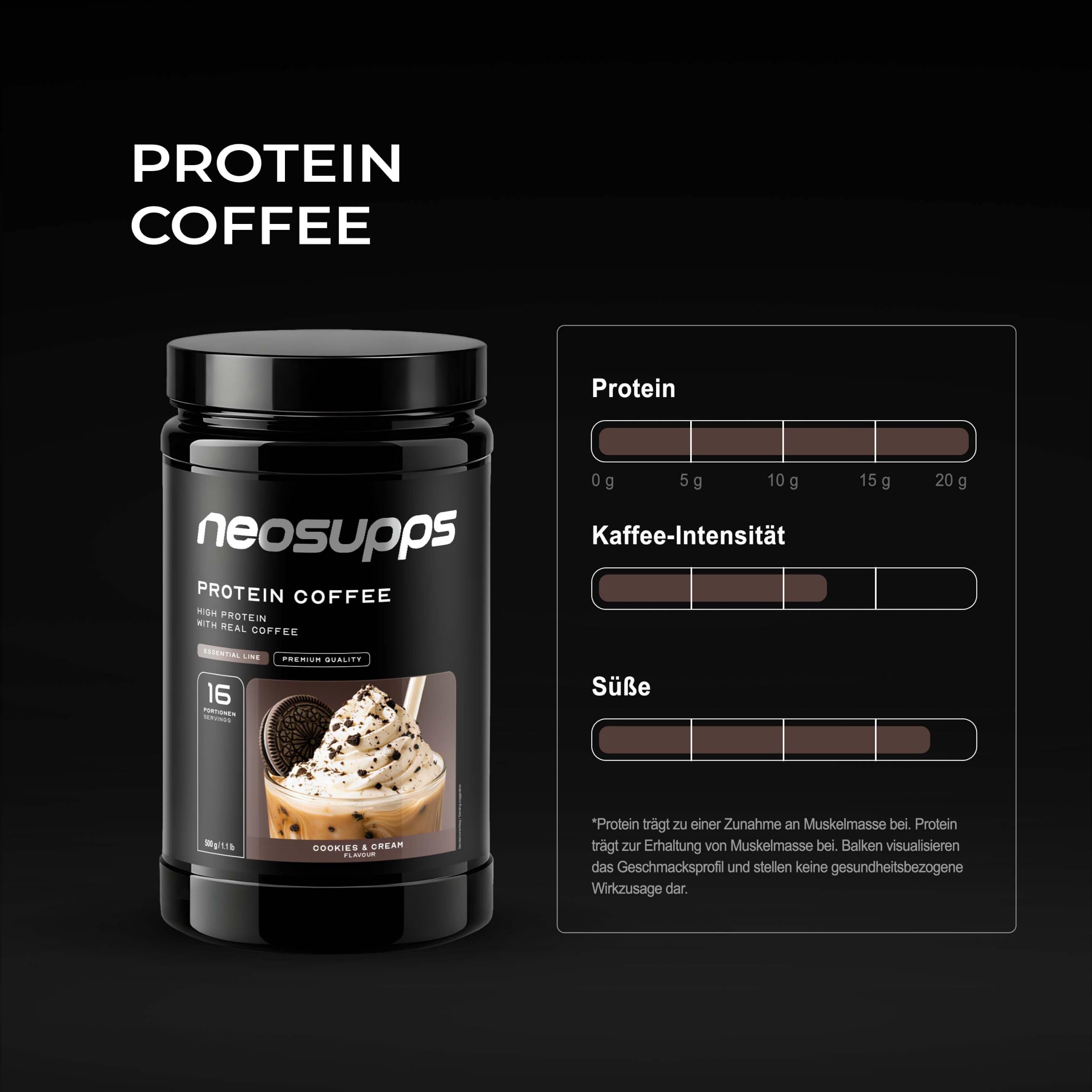 Neosupps Protein Iced Coffee Cookies & Cream 500g, Eiweißkaffee mit 20g Protein Pulver, 500 g, 80mg Koffein pro Portion, Protein Drink mit Kaffee & Cookie-Stückchen