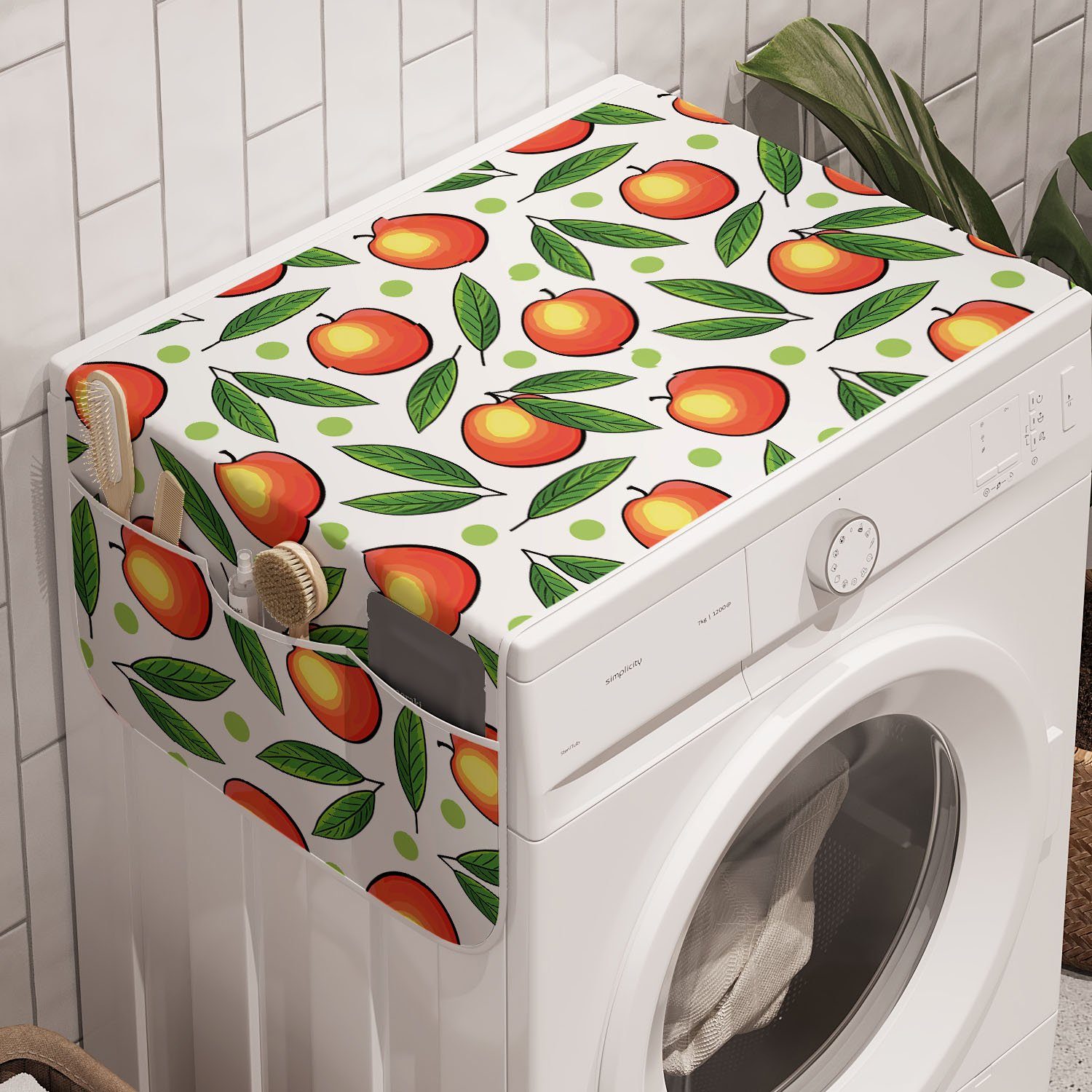 Abakuhaus Badorganizer Anti-Rutsch-Stoffabdeckung für Waschmaschine und Trockner, Früchte Pfirsiche mit Blättern und Punkte