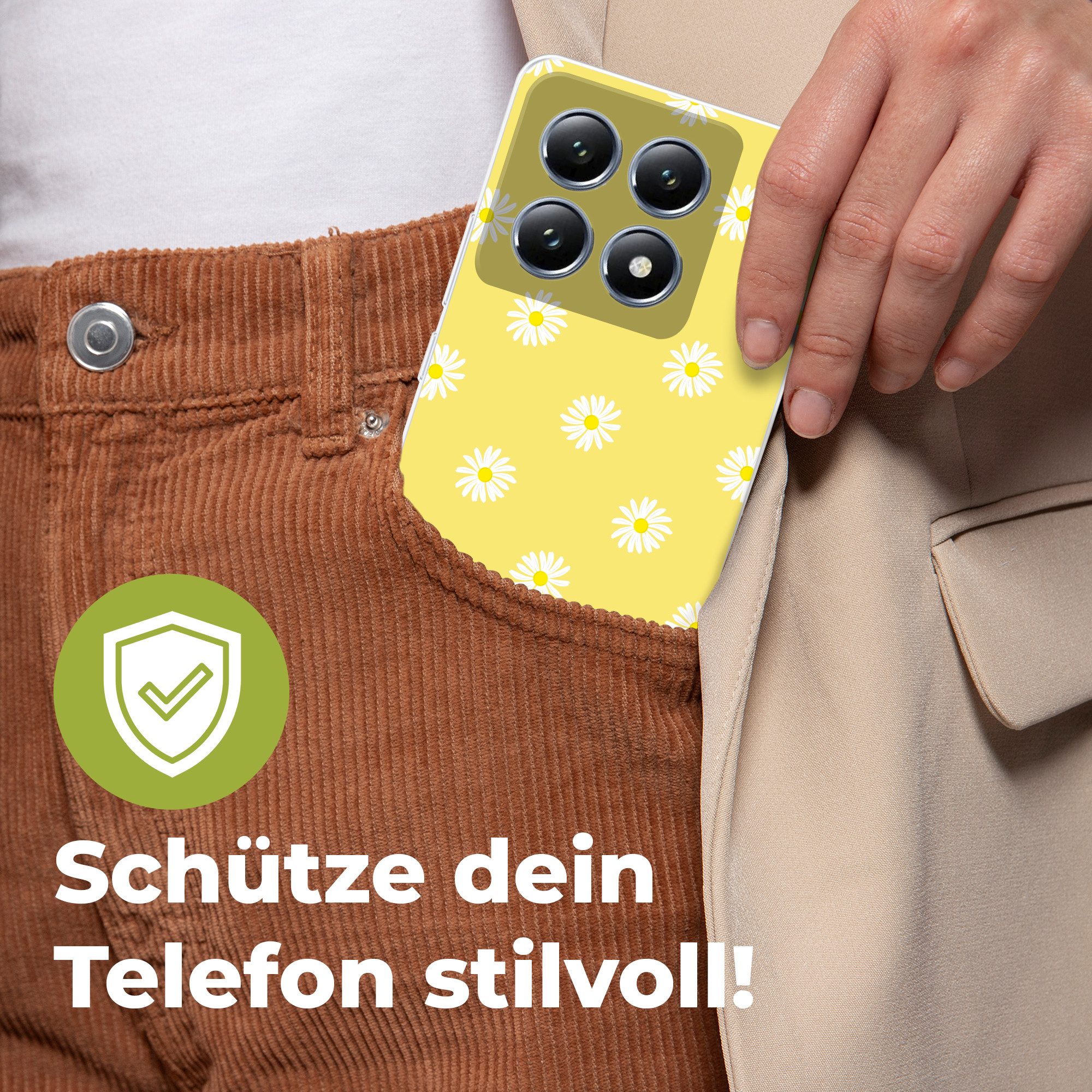 MuchoWow Handyhülle für Xiaomi 14T Gänseblümchen - Pastell - Weiß - Gelb - Blumen, Handy Case, Silikon, Bumper Case Dünn