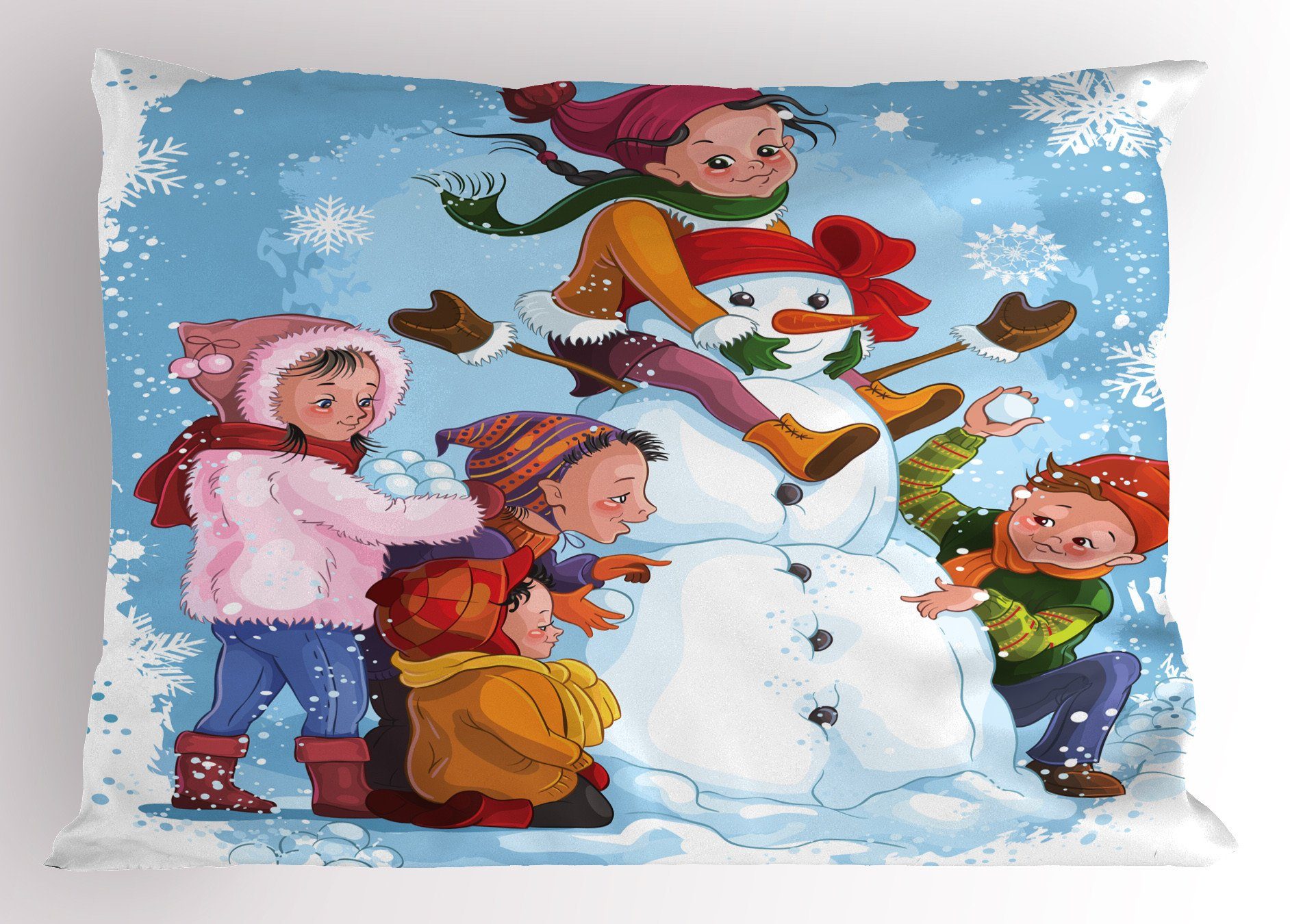 Kissenbezüge Dekorativer Standard King Size Gedruckter Kissenbezug, Abakuhaus (1 Stück), Schneemann Kinder spielen im Schnee