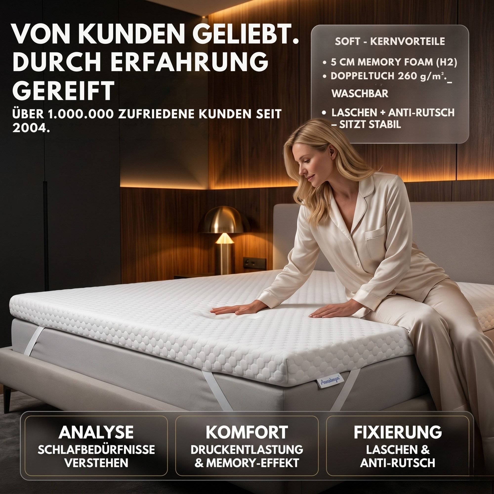 Arensberger, Topper SOFT Matratzentopper, Memory Foam, Visco, 5 cm, für alle Matratzen, 5 cm hoch, Memory Schaum, (90 x 200 cm, 90x200cm), Memoryschaum, rutschfest, waschbarer Bezug, 90x200 140x200 & mehr