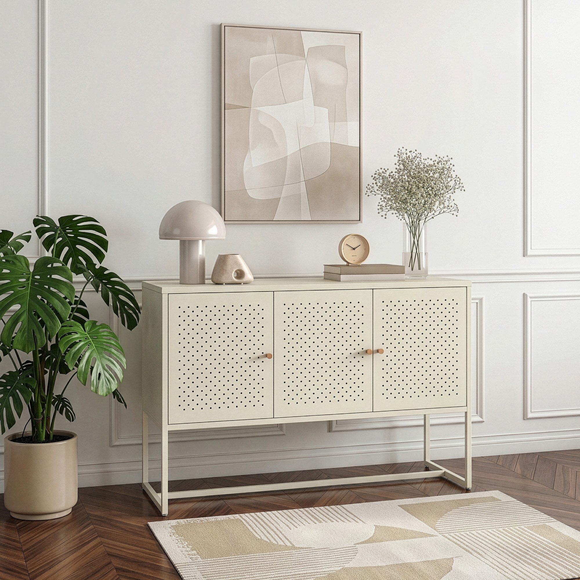 en.casa Sideboard, »Viitasaari« 120 x 40 x 80 cm mit 3 Türen Stahl Cremeweiß