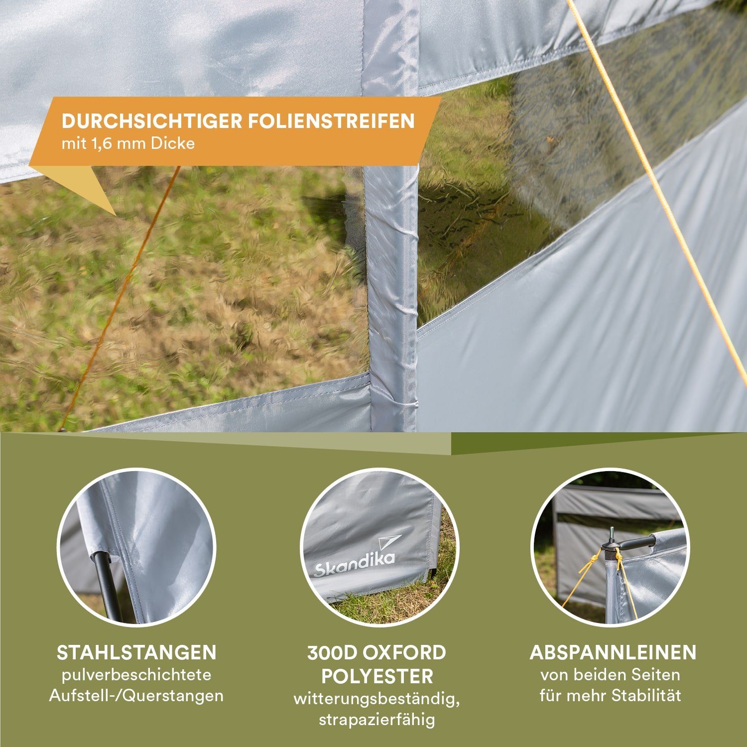 Skandika Windschutz Bora, Camping Sichtschutz mit Stangen, für Garten, Strand, Terrasse, stabil, sturmfest, ohne Bohren, Sonnenschutz, 4,5m Windfang Zaun