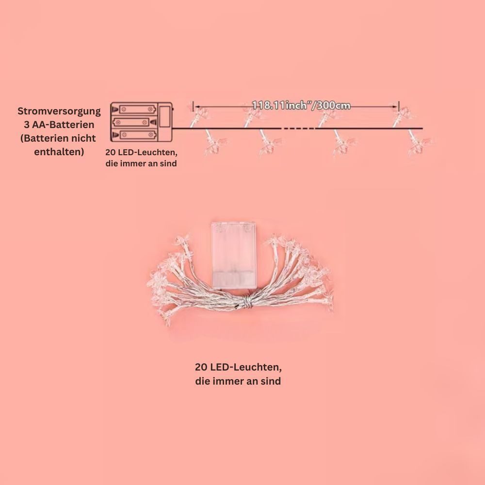 Montegoni LED Stripe Sakura LED Lichterkette 3m 20 LEDs Kirschblüten warmweiß Batterie, Batterie Sakura LED Lichterkette, flexibel, warmweiß 3m Deko