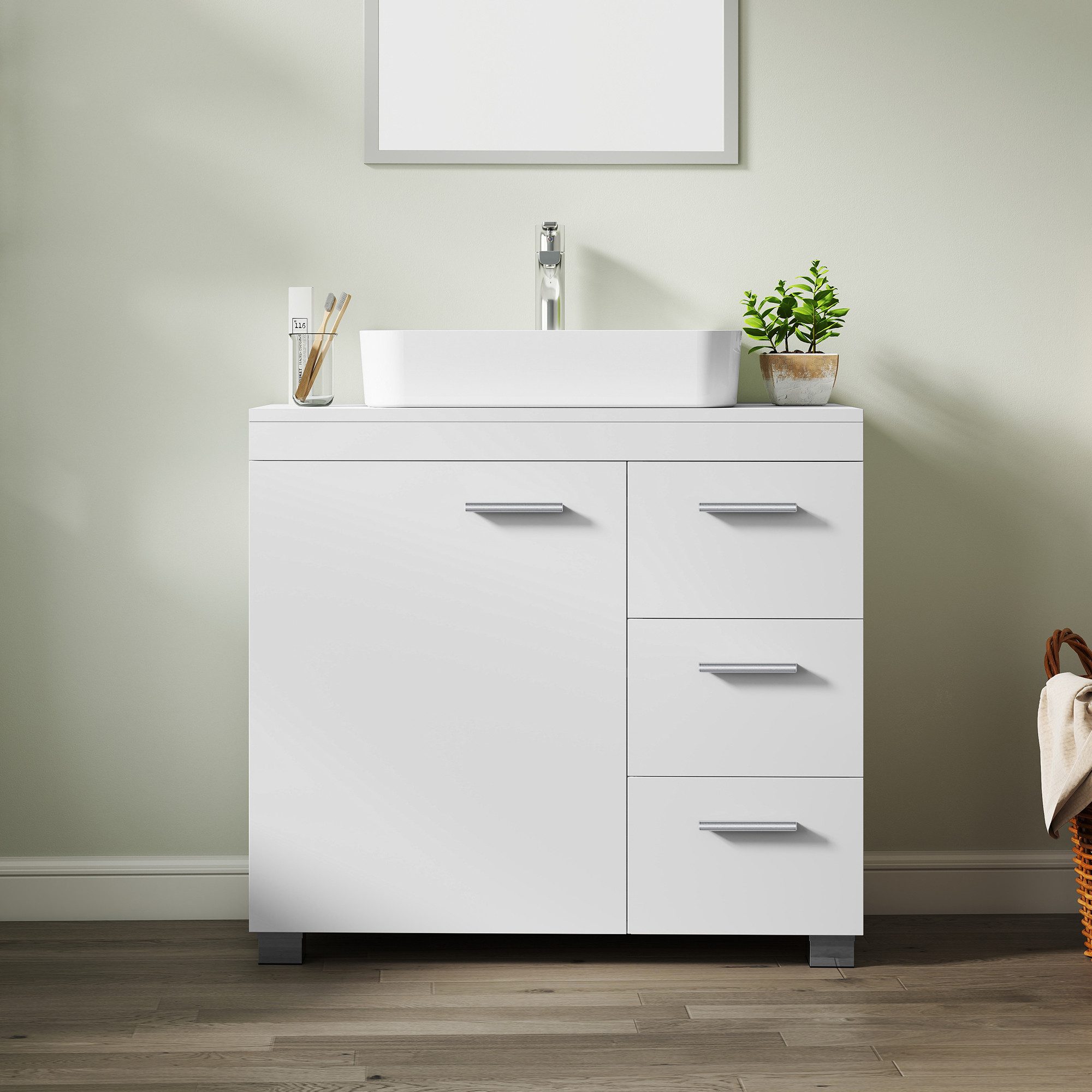 VASAGLE Waschbeckenunterschrank Badezimmerschrank Badschrank mit 3 großen Schubladen, 2 Fächer hinter der Tür, Breite 60/70 cm