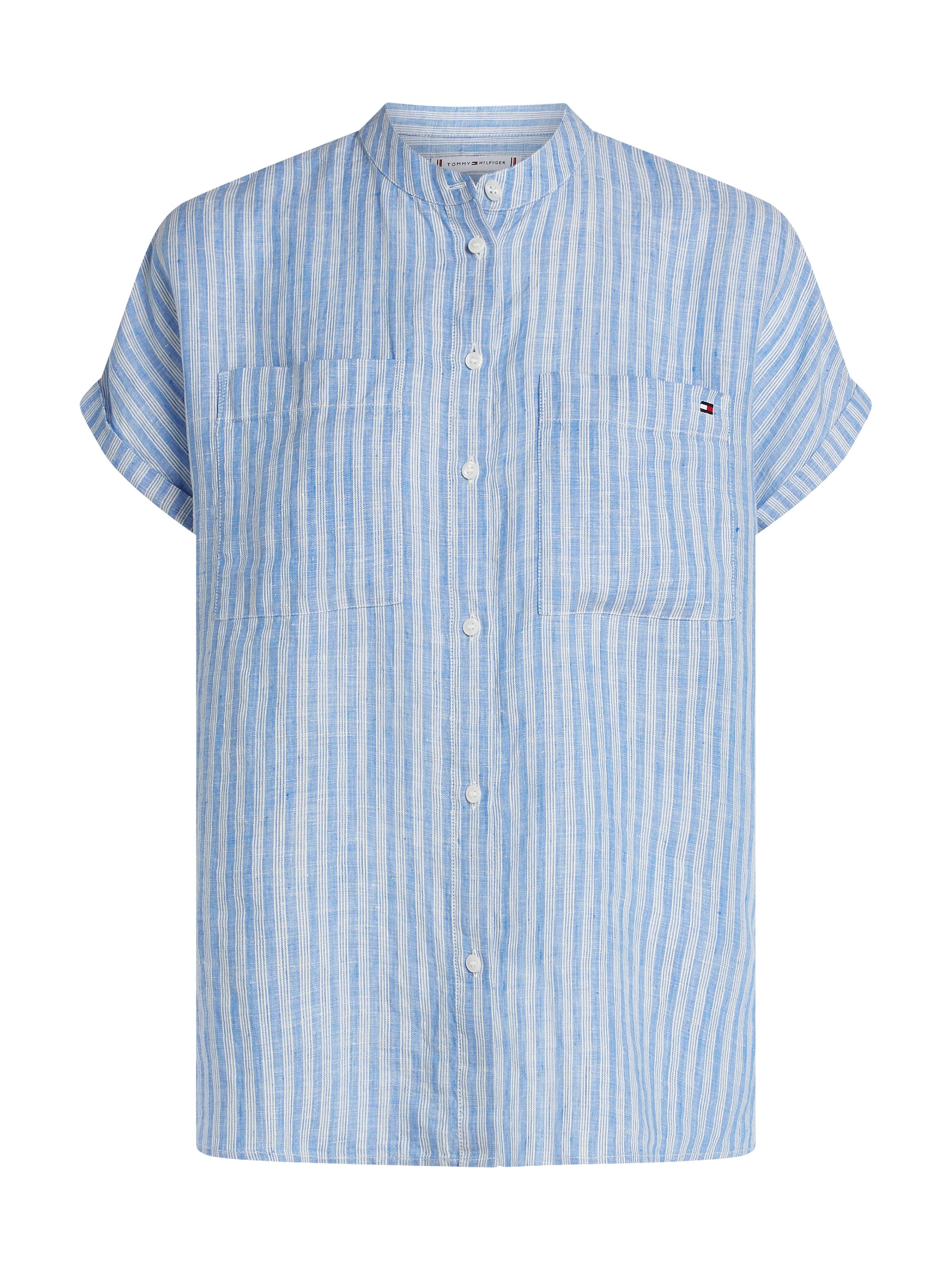 Tommy Hilfiger Kurzarmbluse ESS LINEN COLLARLESS S/S BLOUSE mit Logosticker günstig online kaufen