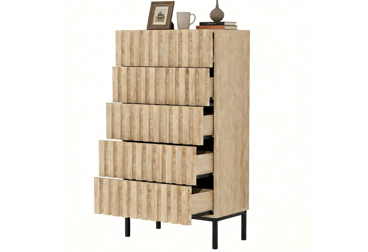 UEV Kommode schmal mit 4/5 Schublanden, Sideboard Beistellschrank Buffet (Aufbewahrungskommode, Mehrzweckschrank aus Holz(Natur/Schwarz/Dunkelbraun), Schrank für Wohnzimmer Schlafzimmer Flur