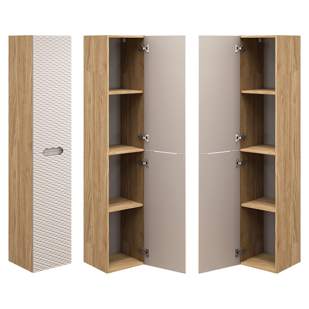 Lomadox Hochschrank OLUO-56-BEIGE Badschrank, 2-türig, Eiche mit beige, 3D-Struktur